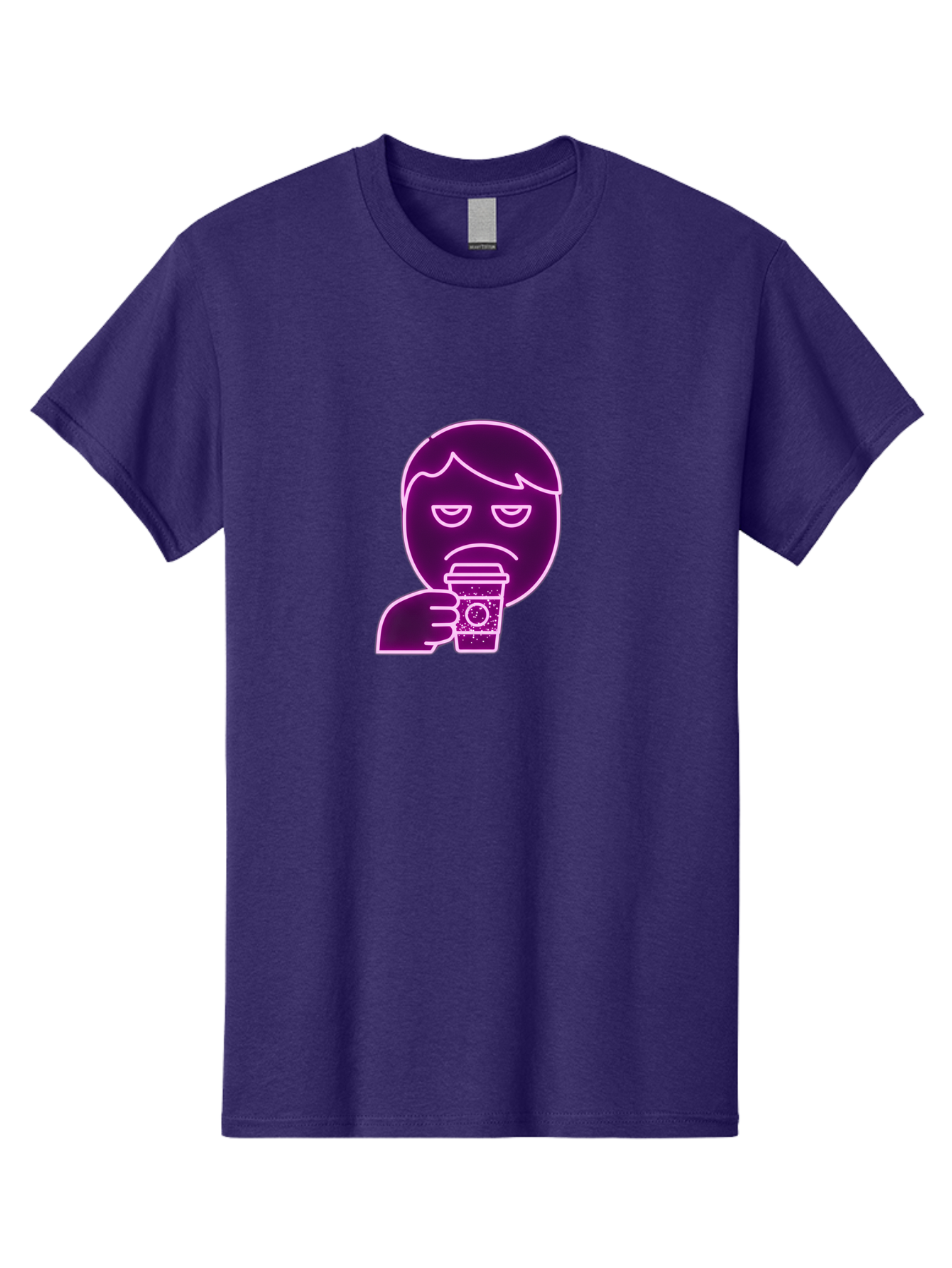 Disappointed-Coffee-Drinker Men'S Graphic Tee, 100% Cotton, Comfortable Casual Summer Wear, Machine Washable, Unhappy Person, Drinking Coffee, Sad Face, Frowning, Coffee Cup, Purple Illustration, Cartoon Character, Coffee Lover, Bab857