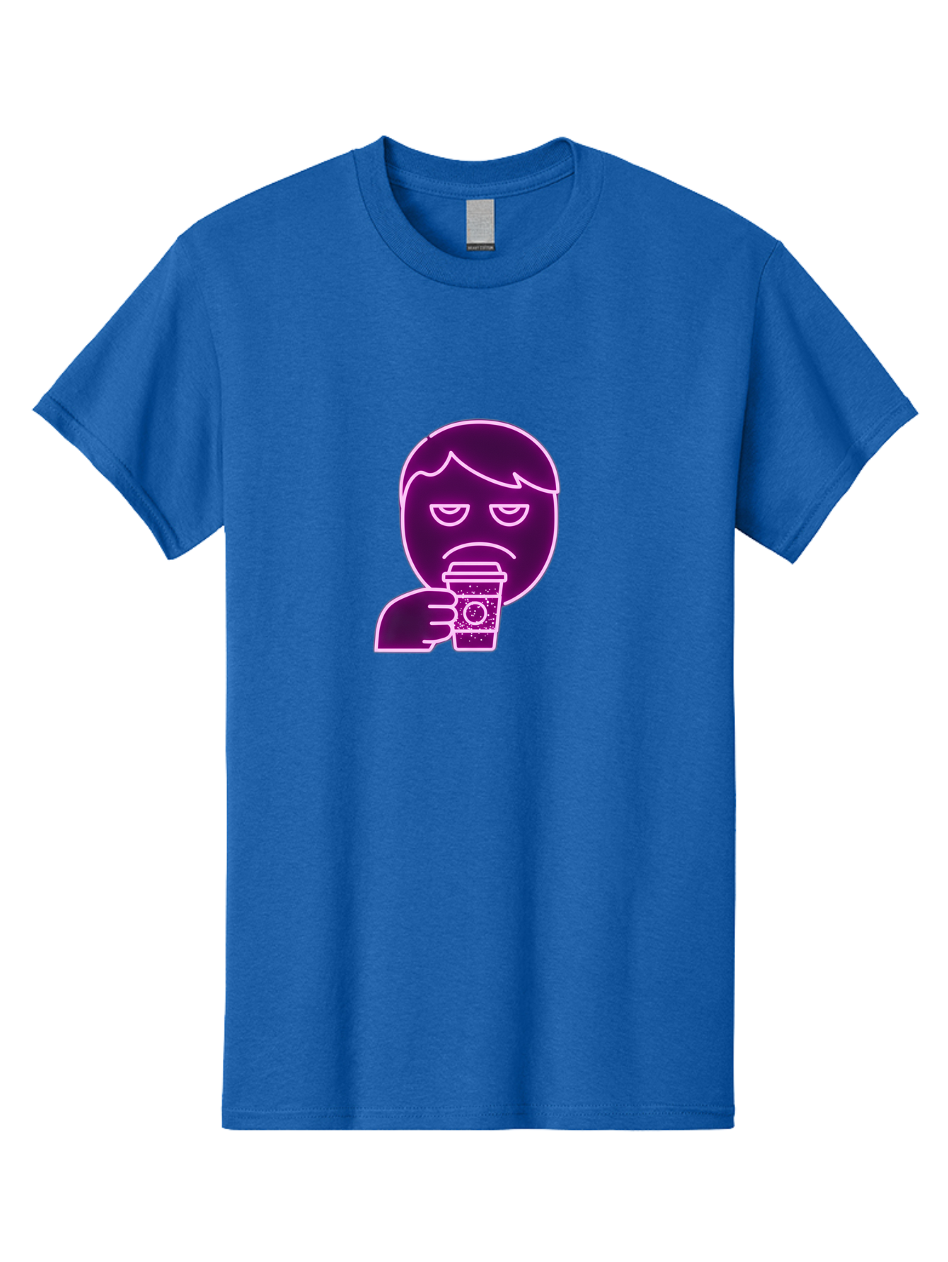 Disappointed-Coffee-Drinker Men'S Graphic Tee, 100% Cotton, Comfortable Casual Summer Wear, Machine Washable, Unhappy Person, Drinking Coffee, Sad Face, Frowning, Coffee Cup, Purple Illustration, Cartoon Character, Coffee Lover, Bab857
