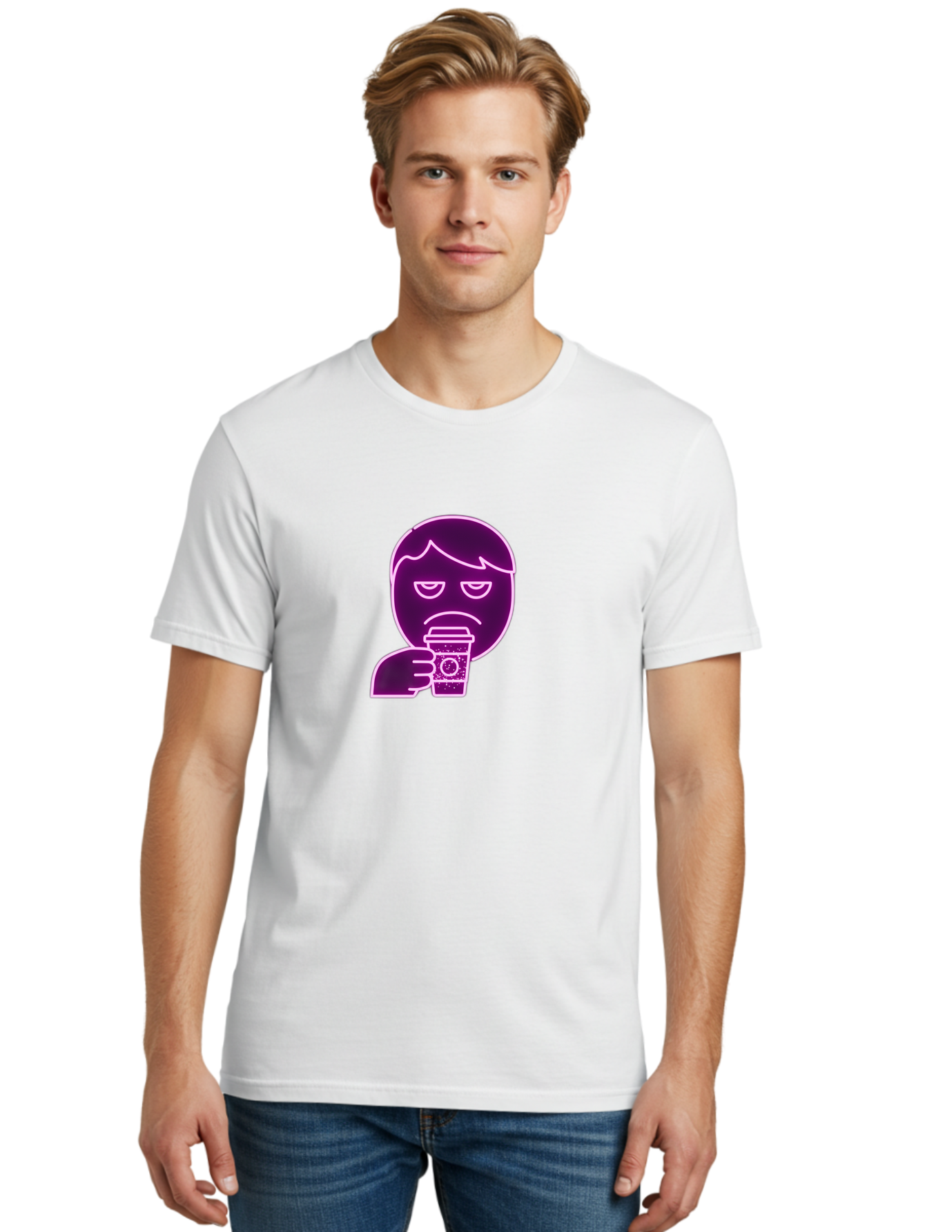 Disappointed-Coffee-Drinker Men'S Graphic Tee, 100% Cotton, Comfortable Casual Summer Wear, Machine Washable, Unhappy Person, Drinking Coffee, Sad Face, Frowning, Coffee Cup, Purple Illustration, Cartoon Character, Coffee Lover, Bab857