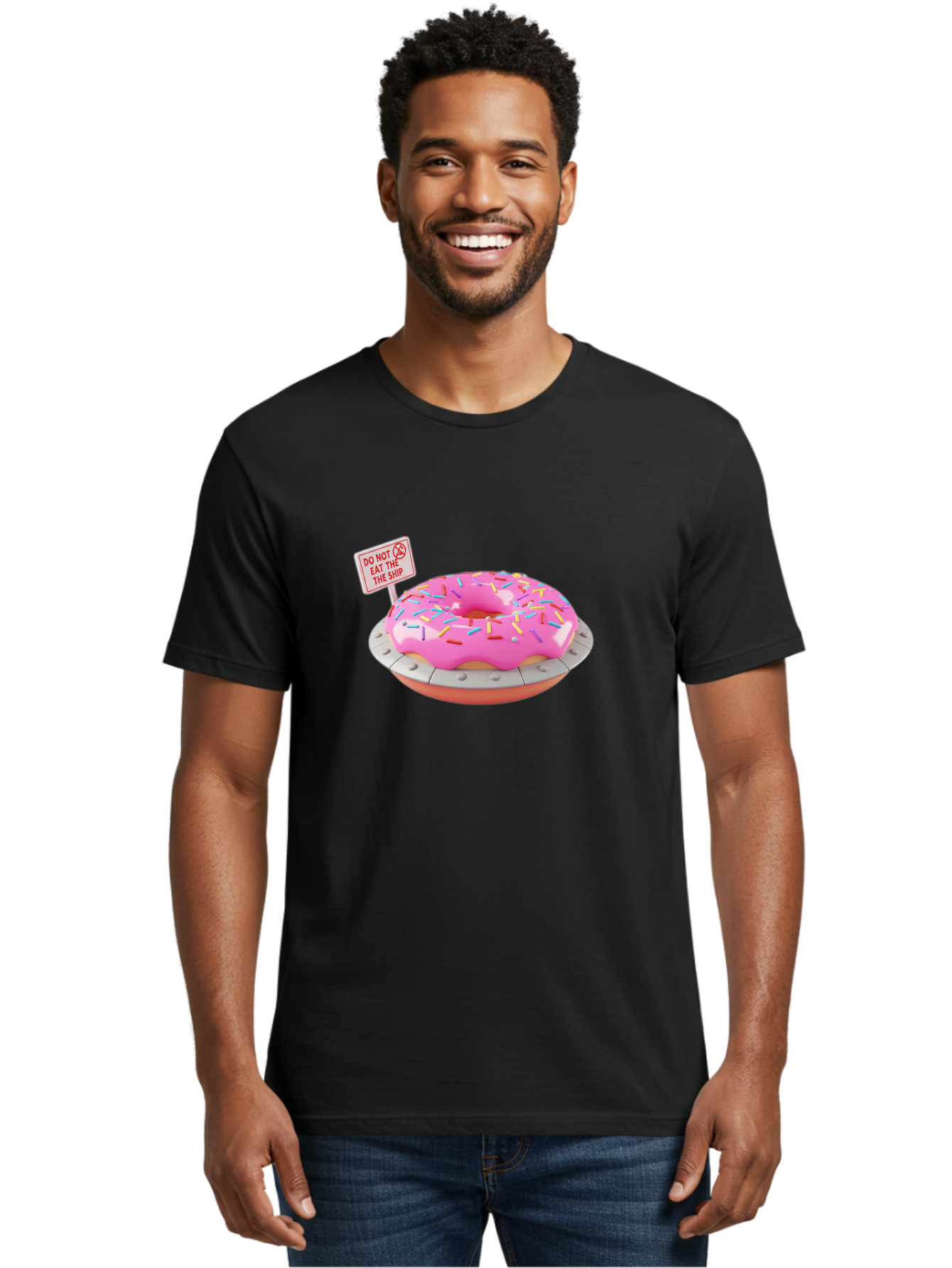 Do-Not-Eat-The-Ship-Donut Men'S Graphic Tee, 100% Cotton, Comfortable Casual Summer Wear, Machine Washable, Pink Donut With Sprinkles, Pastel Colors, Whimsical Humor, Funny Warning Sign, Playful Treat, Sweet Temptation, Pink Icing, Bab859