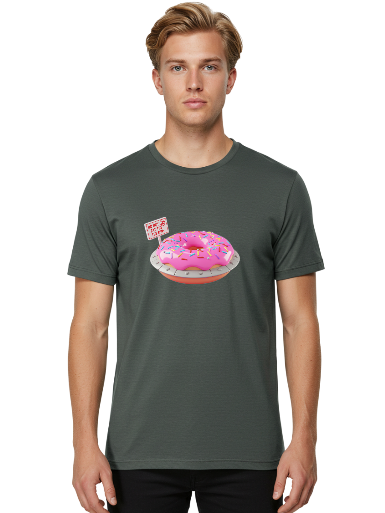 Do-Not-Eat-The-Ship-Donut Men'S Graphic Tee, 100% Cotton, Comfortable Casual Summer Wear, Machine Washable, Pink Donut With Sprinkles, Pastel Colors, Whimsical Humor, Funny Warning Sign, Playful Treat, Sweet Temptation, Pink Icing, Bab859