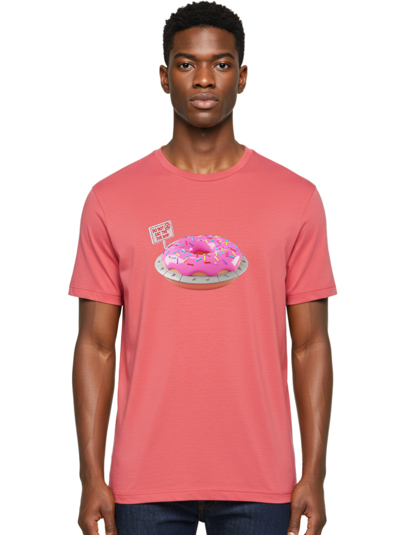 Do-Not-Eat-The-Ship-Donut Men'S Graphic Tee, 100% Cotton, Comfortable Casual Summer Wear, Machine Washable, Pink Donut With Sprinkles, Pastel Colors, Whimsical Humor, Funny Warning Sign, Playful Treat, Sweet Temptation, Pink Icing, Bab859