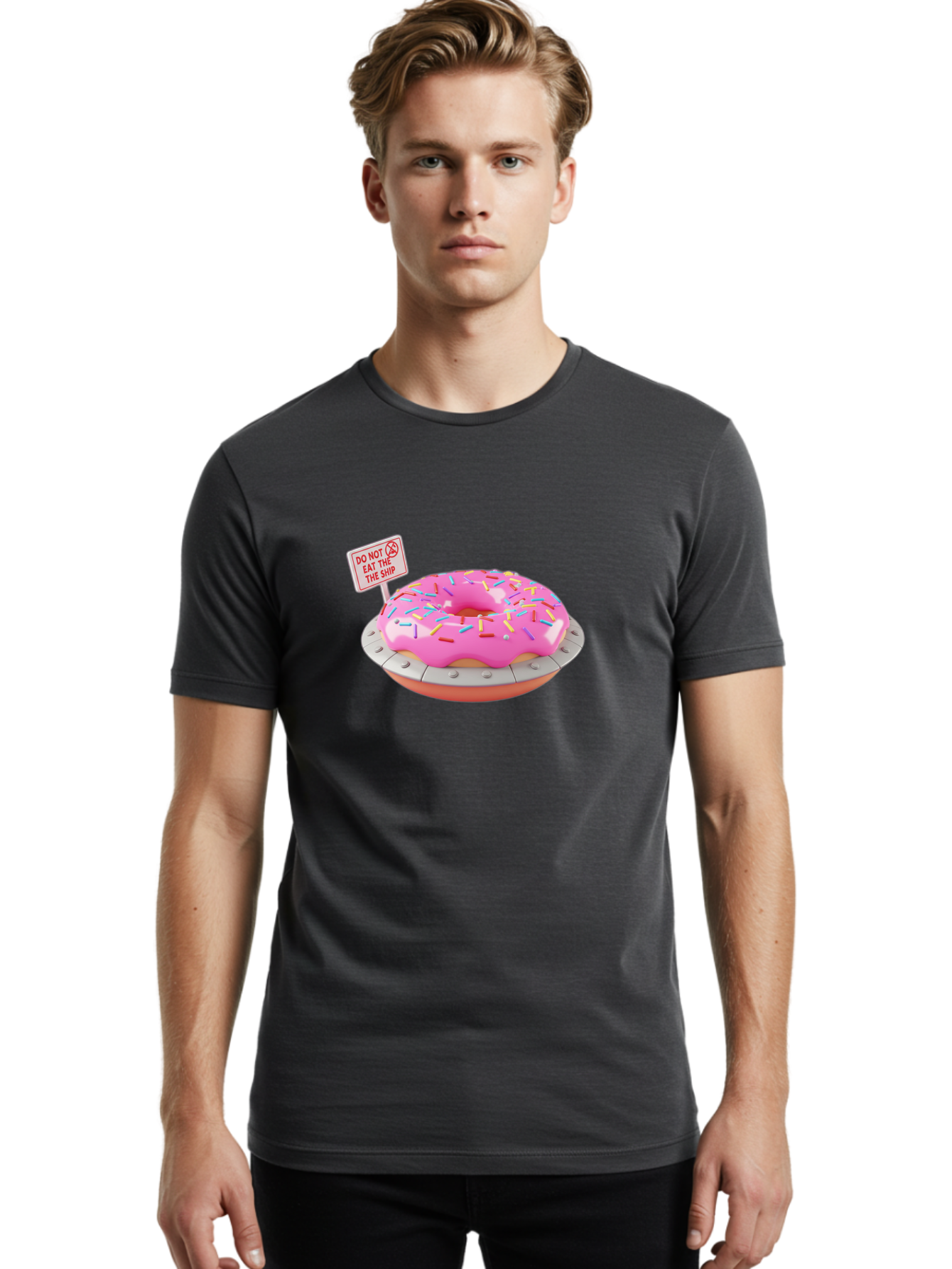 Do-Not-Eat-The-Ship-Donut Men'S Graphic Tee, 100% Cotton, Comfortable Casual Summer Wear, Machine Washable, Pink Donut With Sprinkles, Pastel Colors, Whimsical Humor, Funny Warning Sign, Playful Treat, Sweet Temptation, Pink Icing, Bab859