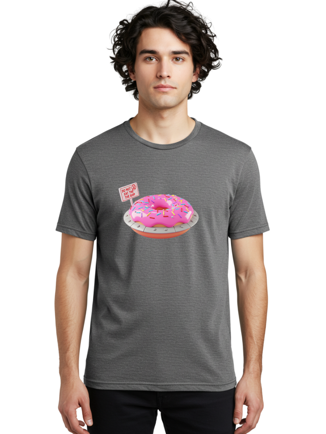 Do-Not-Eat-The-Ship-Donut Men'S Graphic Tee, 100% Cotton, Comfortable Casual Summer Wear, Machine Washable, Pink Donut With Sprinkles, Pastel Colors, Whimsical Humor, Funny Warning Sign, Playful Treat, Sweet Temptation, Pink Icing, Bab859