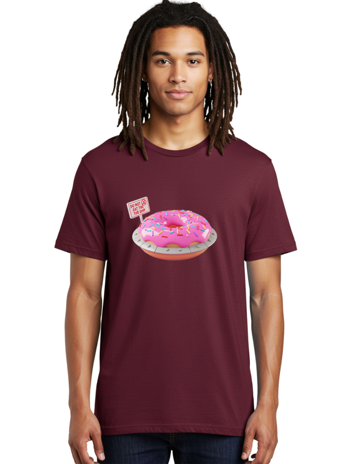 Do-Not-Eat-The-Ship-Donut Men'S Graphic Tee, 100% Cotton, Comfortable Casual Summer Wear, Machine Washable, Pink Donut With Sprinkles, Pastel Colors, Whimsical Humor, Funny Warning Sign, Playful Treat, Sweet Temptation, Pink Icing, Bab859