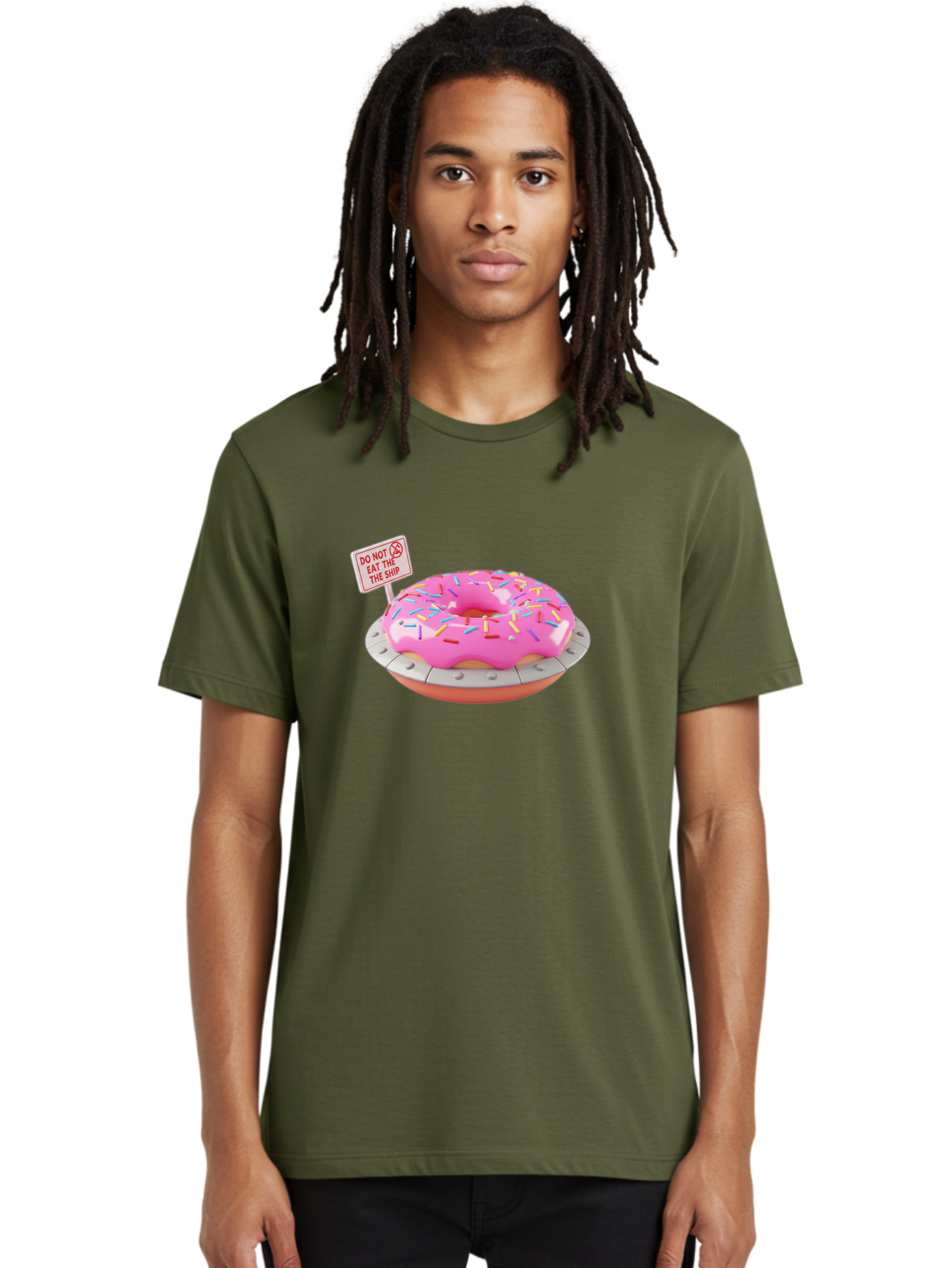 Do-Not-Eat-The-Ship-Donut Men'S Graphic Tee, 100% Cotton, Comfortable Casual Summer Wear, Machine Washable, Pink Donut With Sprinkles, Pastel Colors, Whimsical Humor, Funny Warning Sign, Playful Treat, Sweet Temptation, Pink Icing, Bab859
