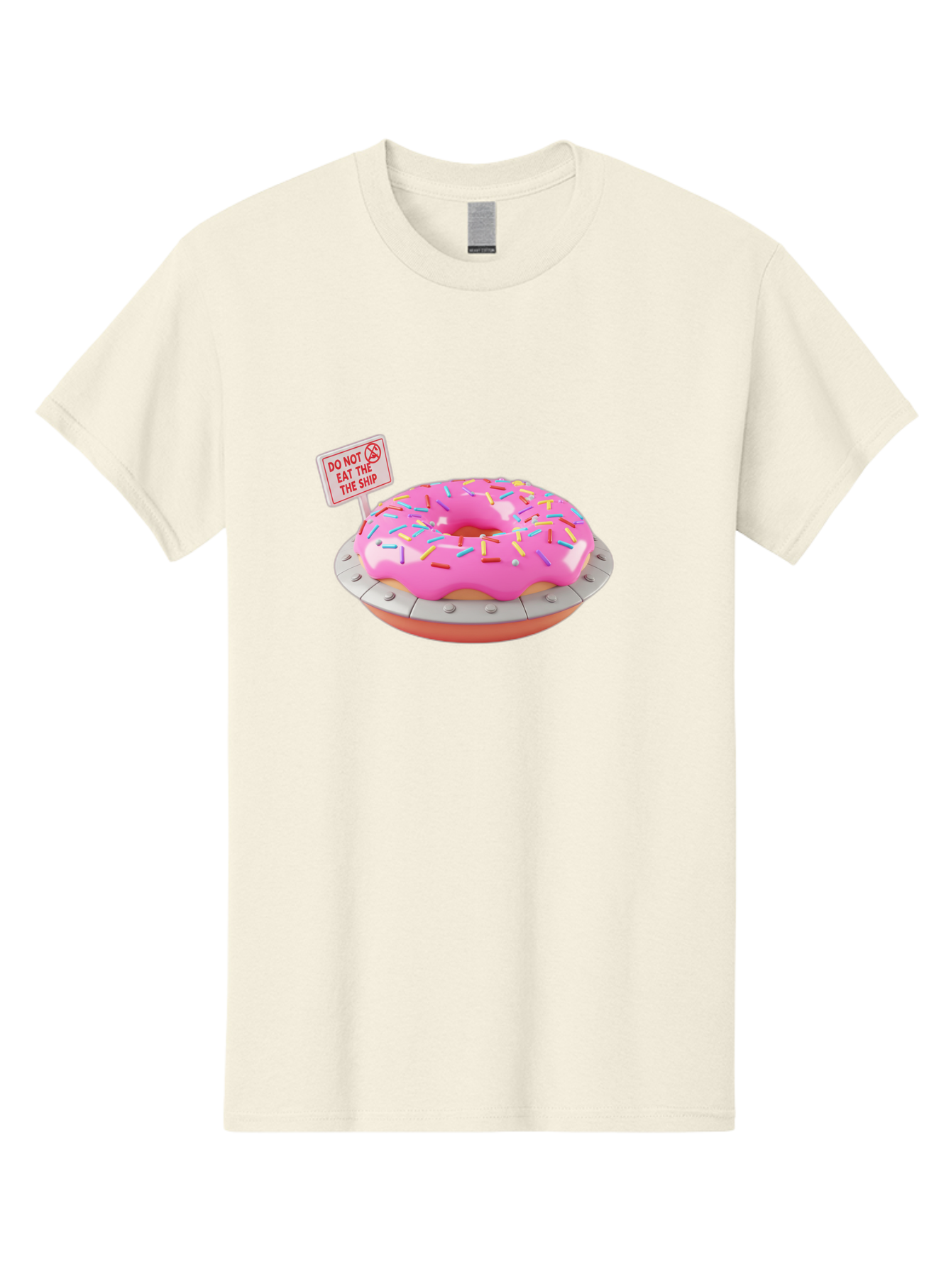Do-Not-Eat-The-Ship-Donut Men'S Graphic Tee, 100% Cotton, Comfortable Casual Summer Wear, Machine Washable, Pink Donut With Sprinkles, Pastel Colors, Whimsical Humor, Funny Warning Sign, Playful Treat, Sweet Temptation, Pink Icing, Bab859