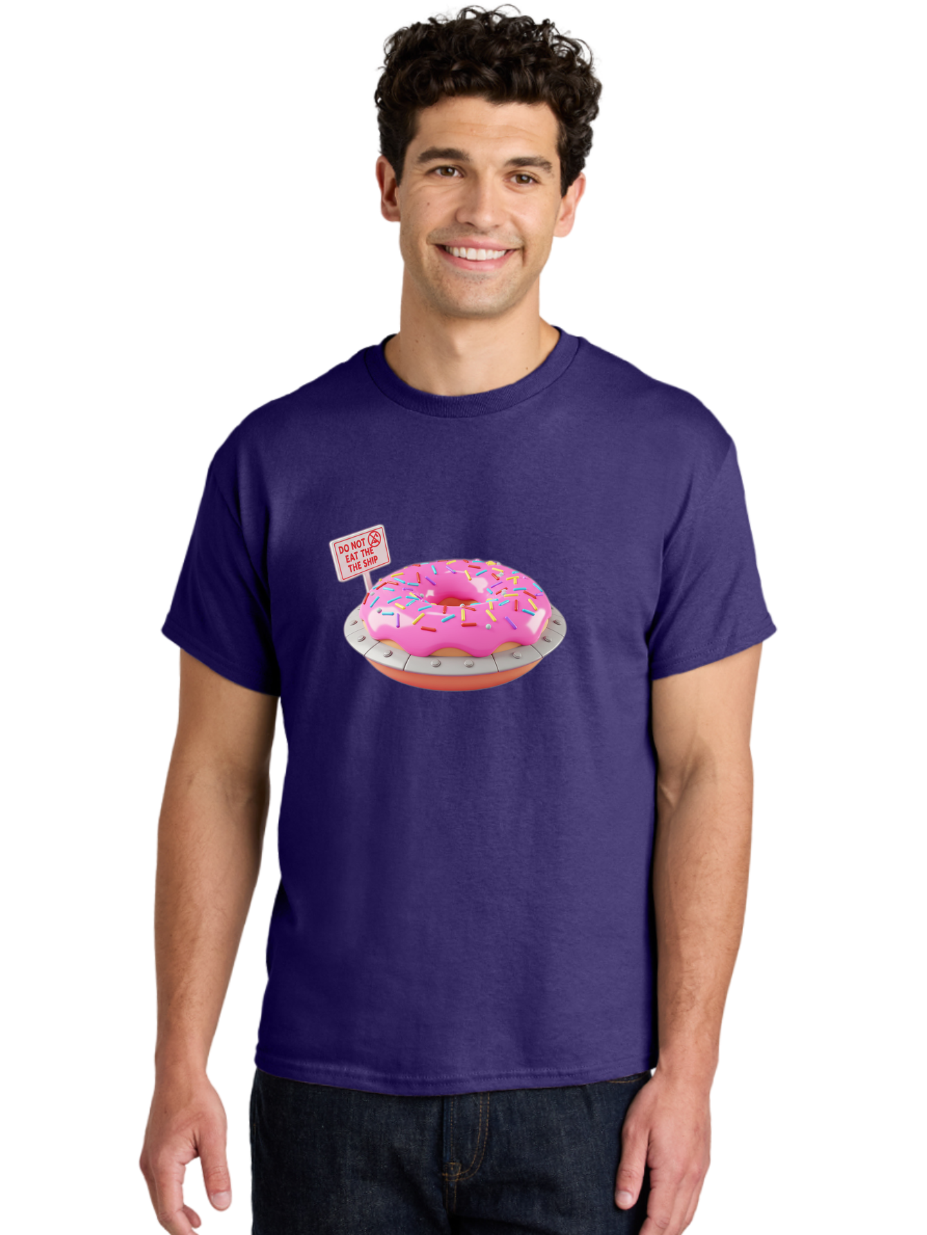 Do-Not-Eat-The-Ship-Donut Men'S Graphic Tee, 100% Cotton, Comfortable Casual Summer Wear, Machine Washable, Pink Donut With Sprinkles, Pastel Colors, Whimsical Humor, Funny Warning Sign, Playful Treat, Sweet Temptation, Pink Icing, Bab859