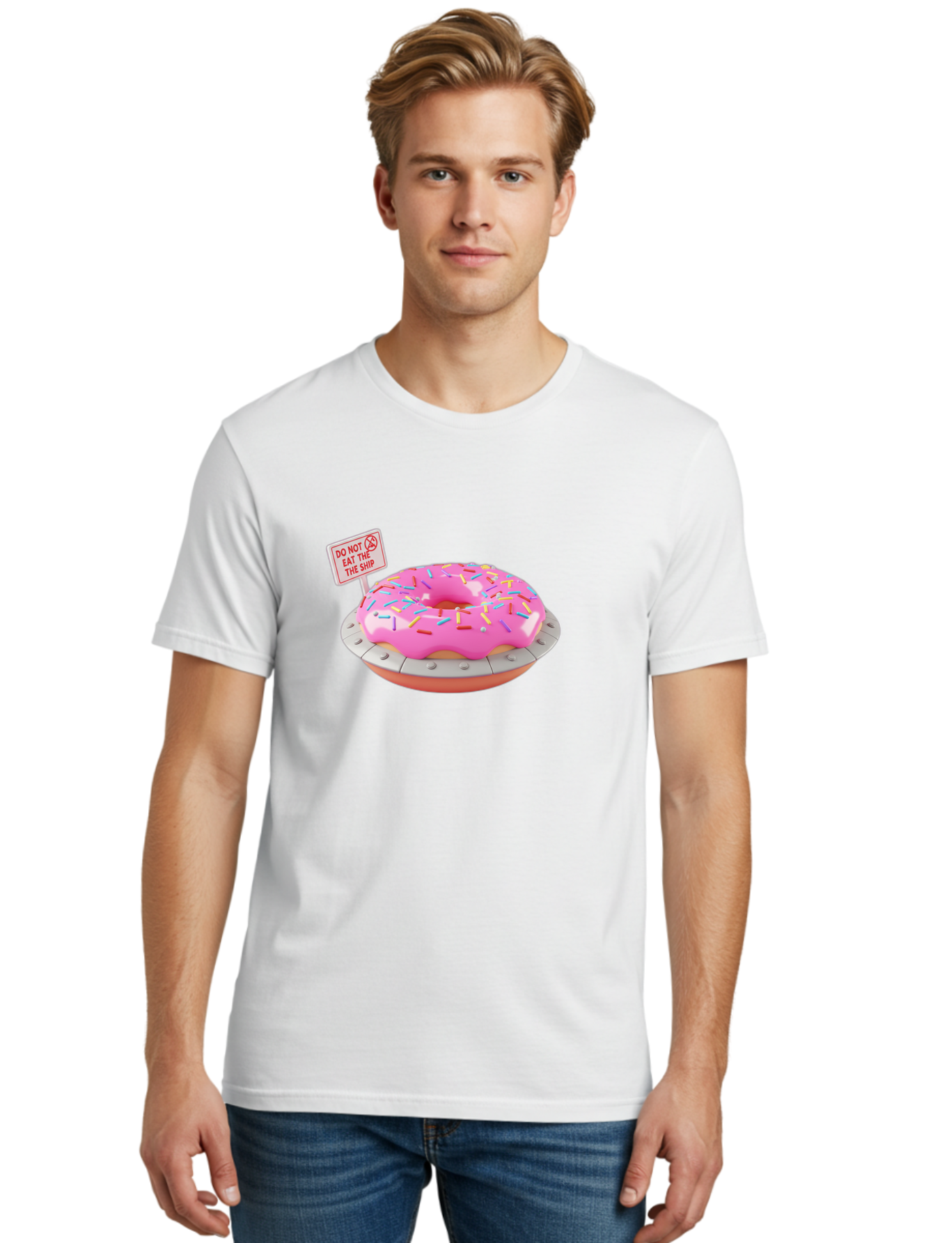 Do-Not-Eat-The-Ship-Donut Men'S Graphic Tee, 100% Cotton, Comfortable Casual Summer Wear, Machine Washable, Pink Donut With Sprinkles, Pastel Colors, Whimsical Humor, Funny Warning Sign, Playful Treat, Sweet Temptation, Pink Icing, Bab859