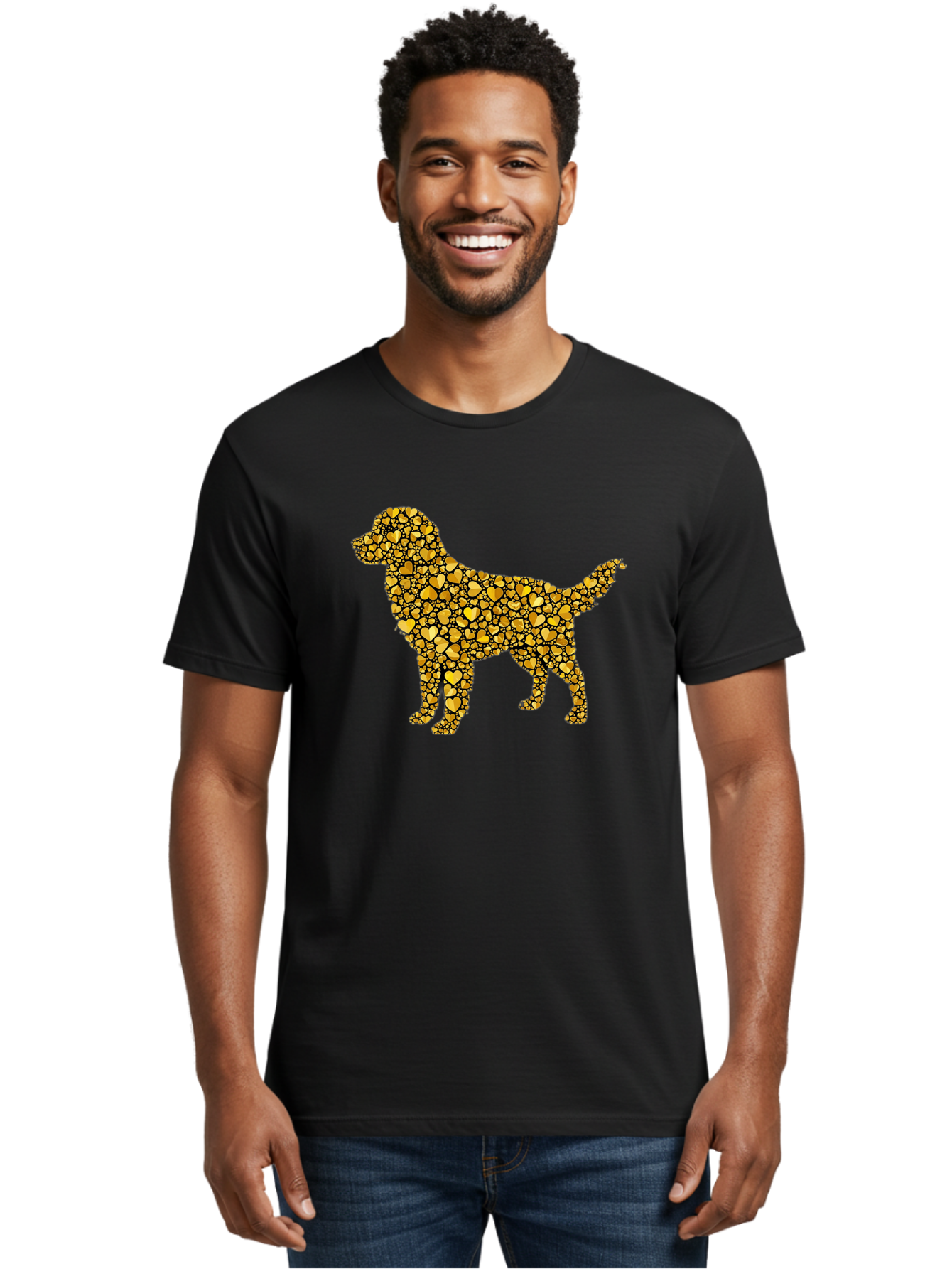 Dog-Golden-Hearts Men'S Graphic Tee, 100% Cotton, Comfortable Casual Summer Wear, Machine Washable, Dog Silhouette, Golden Hearts, Black Outlines, Animal Design, Heart Pattern, Golden Hues, Dog Shape, Heart-Filled Dog Bab860