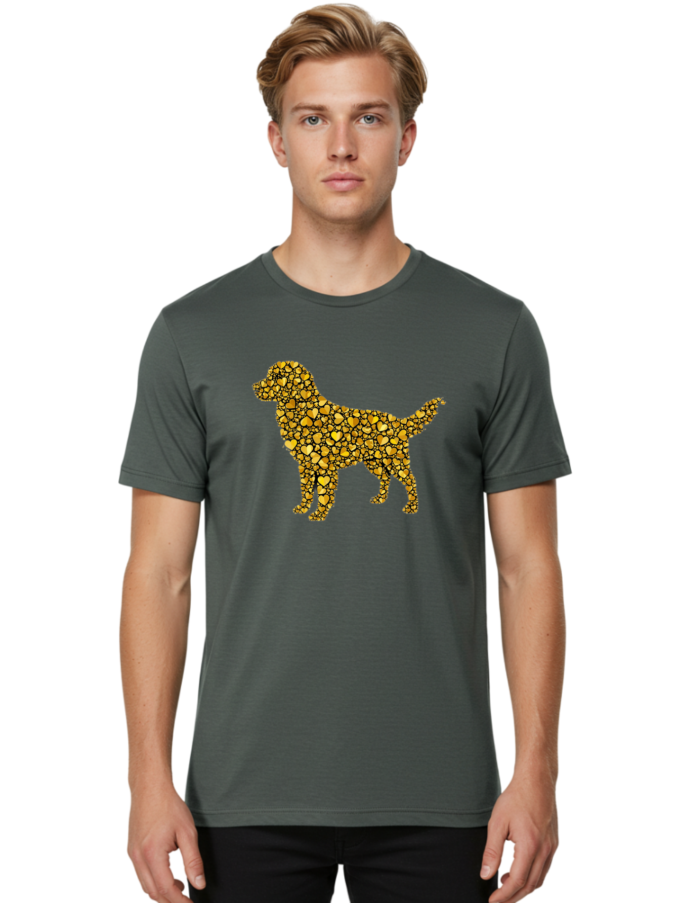 Dog-Golden-Hearts Men'S Graphic Tee, 100% Cotton, Comfortable Casual Summer Wear, Machine Washable, Dog Silhouette, Golden Hearts, Black Outlines, Animal Design, Heart Pattern, Golden Hues, Dog Shape, Heart-Filled Dog Bab860