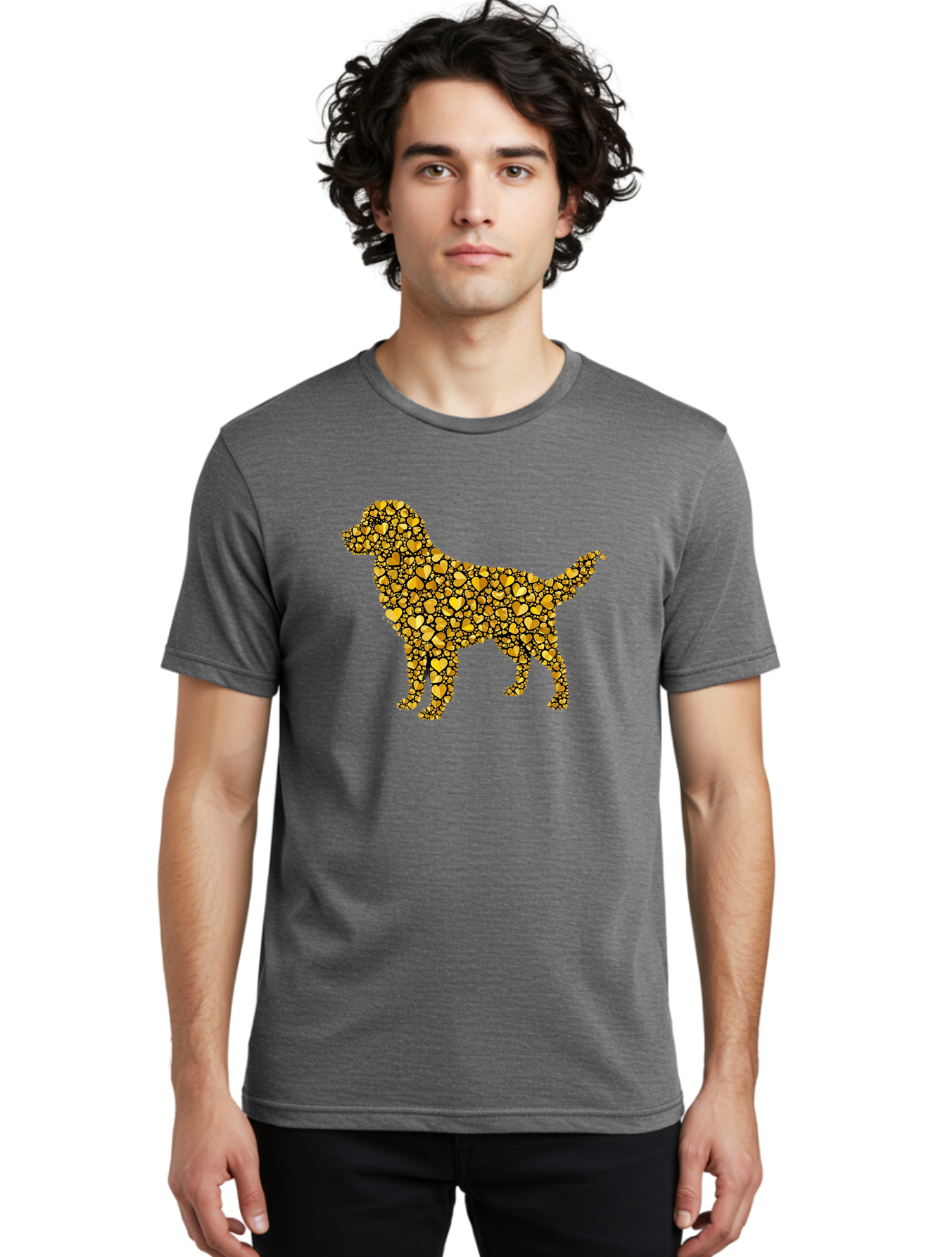 Dog-Golden-Hearts Men'S Graphic Tee, 100% Cotton, Comfortable Casual Summer Wear, Machine Washable, Dog Silhouette, Golden Hearts, Black Outlines, Animal Design, Heart Pattern, Golden Hues, Dog Shape, Heart-Filled Dog Bab860