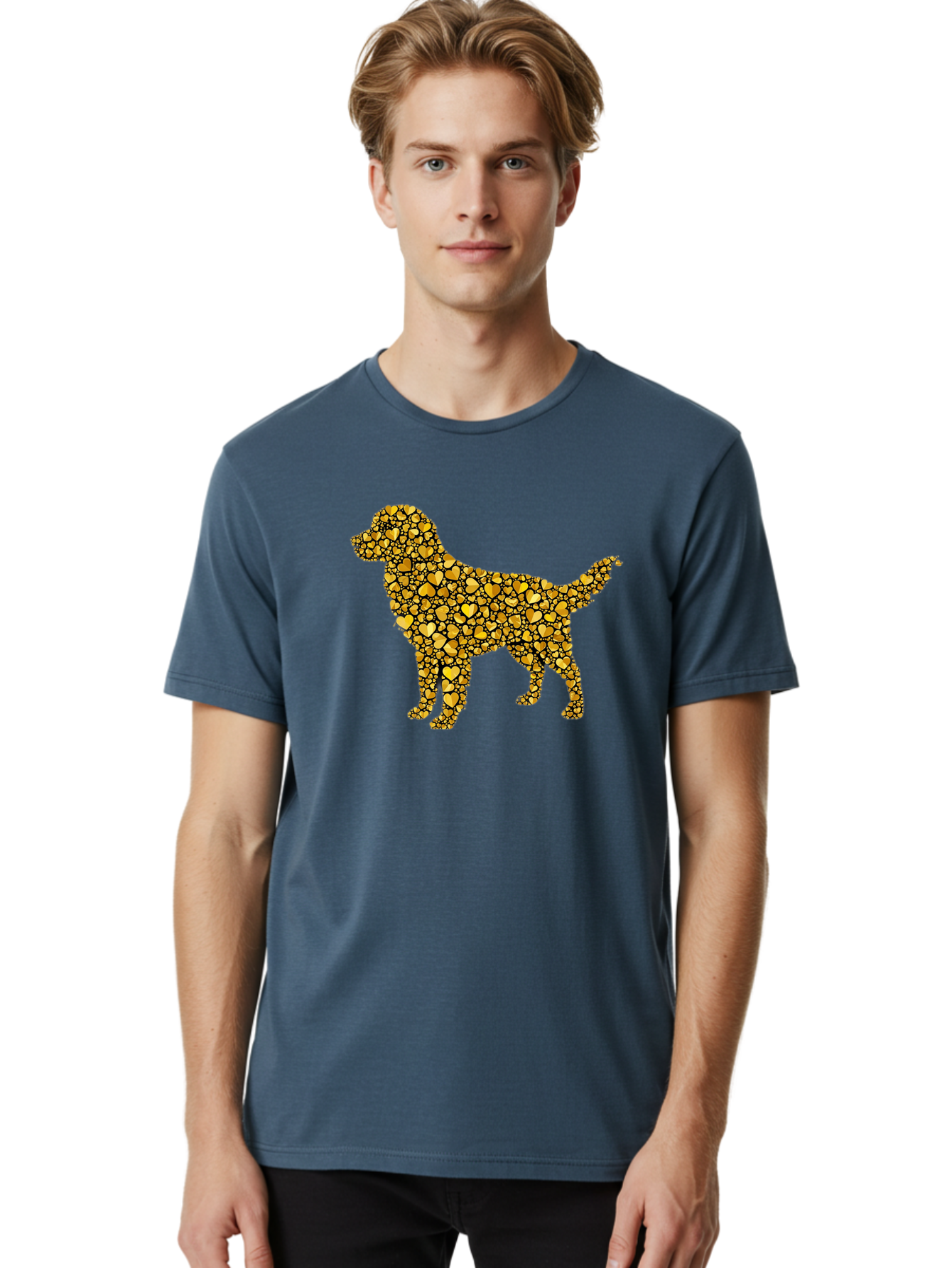 Dog-Golden-Hearts Men'S Graphic Tee, 100% Cotton, Comfortable Casual Summer Wear, Machine Washable, Dog Silhouette, Golden Hearts, Black Outlines, Animal Design, Heart Pattern, Golden Hues, Dog Shape, Heart-Filled Dog Bab860