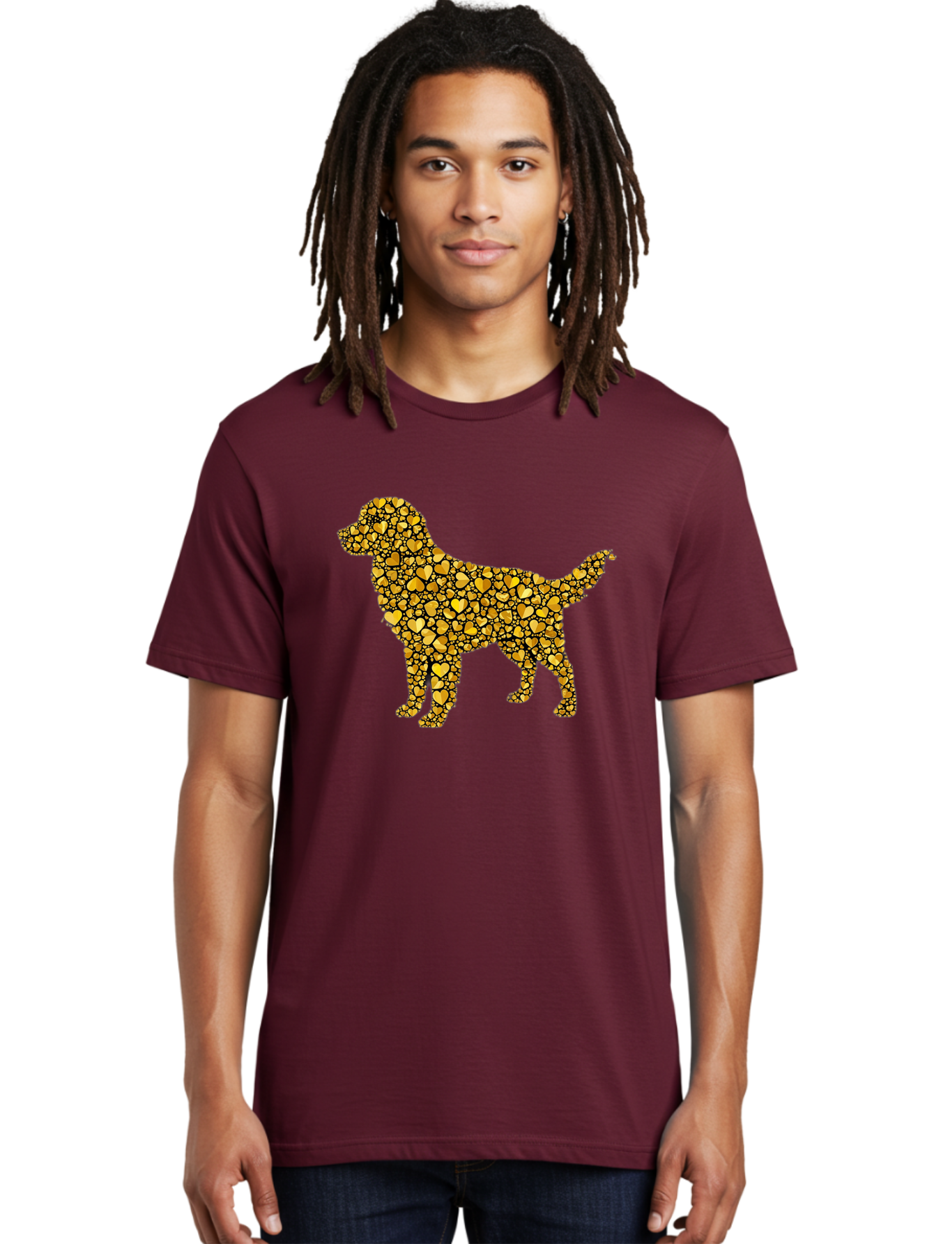 Dog-Golden-Hearts Men'S Graphic Tee, 100% Cotton, Comfortable Casual Summer Wear, Machine Washable, Dog Silhouette, Golden Hearts, Black Outlines, Animal Design, Heart Pattern, Golden Hues, Dog Shape, Heart-Filled Dog Bab860