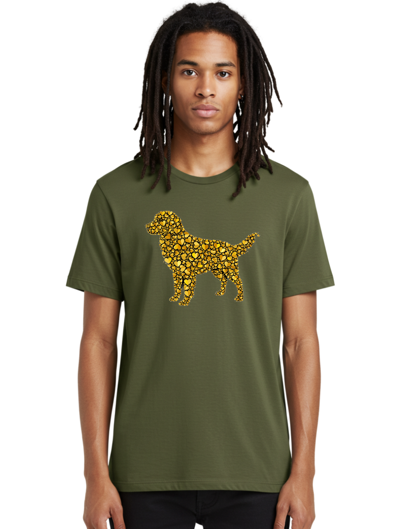 Dog-Golden-Hearts Men'S Graphic Tee, 100% Cotton, Comfortable Casual Summer Wear, Machine Washable, Dog Silhouette, Golden Hearts, Black Outlines, Animal Design, Heart Pattern, Golden Hues, Dog Shape, Heart-Filled Dog Bab860