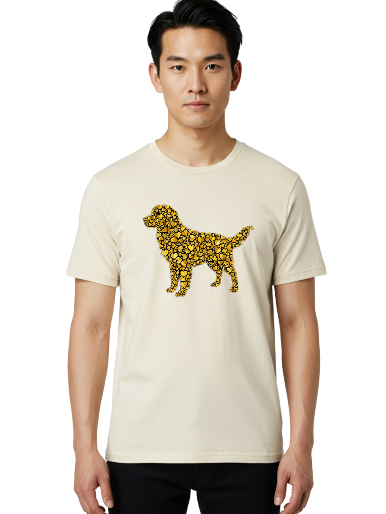 Dog-Golden-Hearts Men'S Graphic Tee, 100% Cotton, Comfortable Casual Summer Wear, Machine Washable, Dog Silhouette, Golden Hearts, Black Outlines, Animal Design, Heart Pattern, Golden Hues, Dog Shape, Heart-Filled Dog Bab860