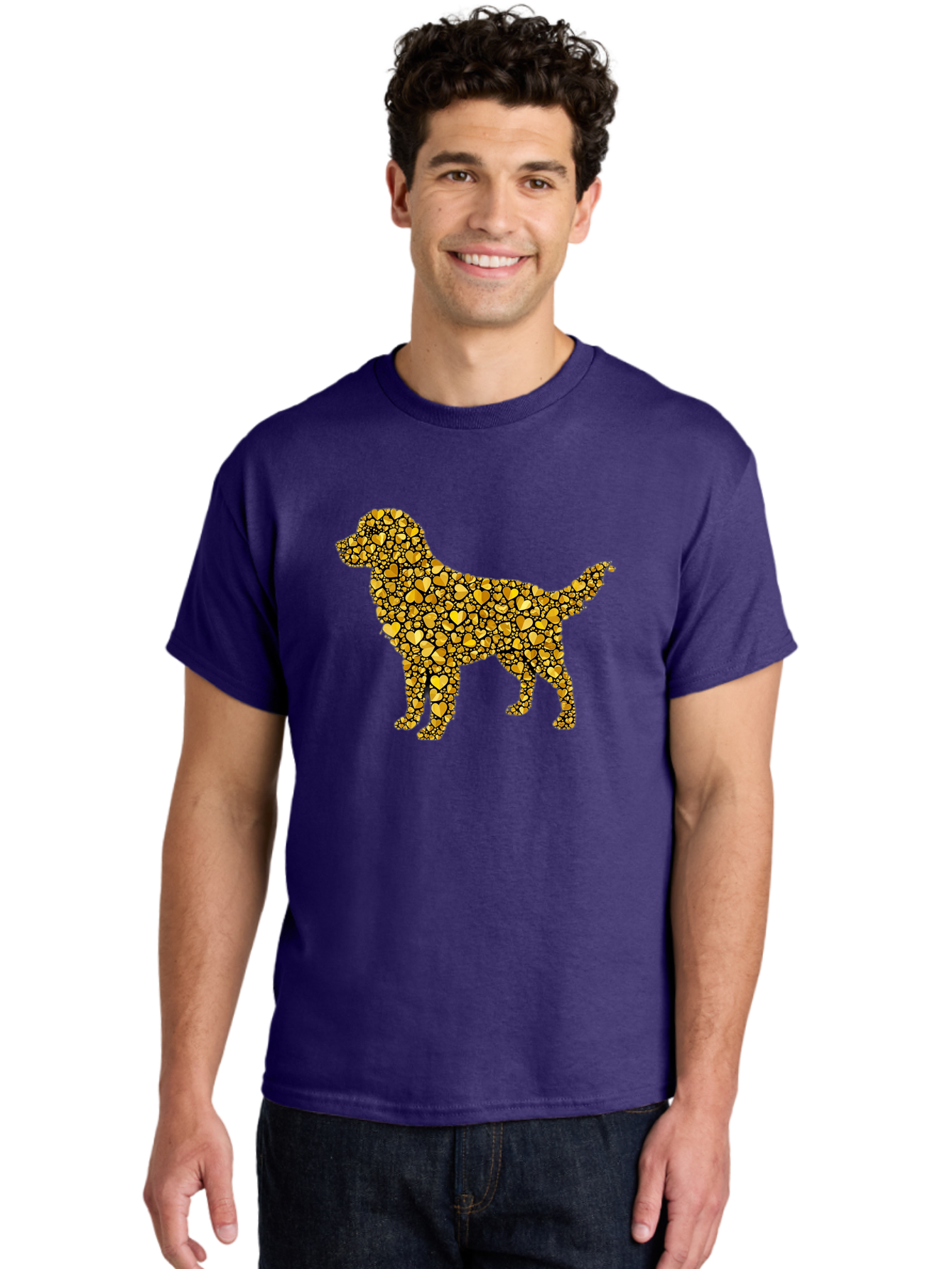 Dog-Golden-Hearts Men'S Graphic Tee, 100% Cotton, Comfortable Casual Summer Wear, Machine Washable, Dog Silhouette, Golden Hearts, Black Outlines, Animal Design, Heart Pattern, Golden Hues, Dog Shape, Heart-Filled Dog Bab860