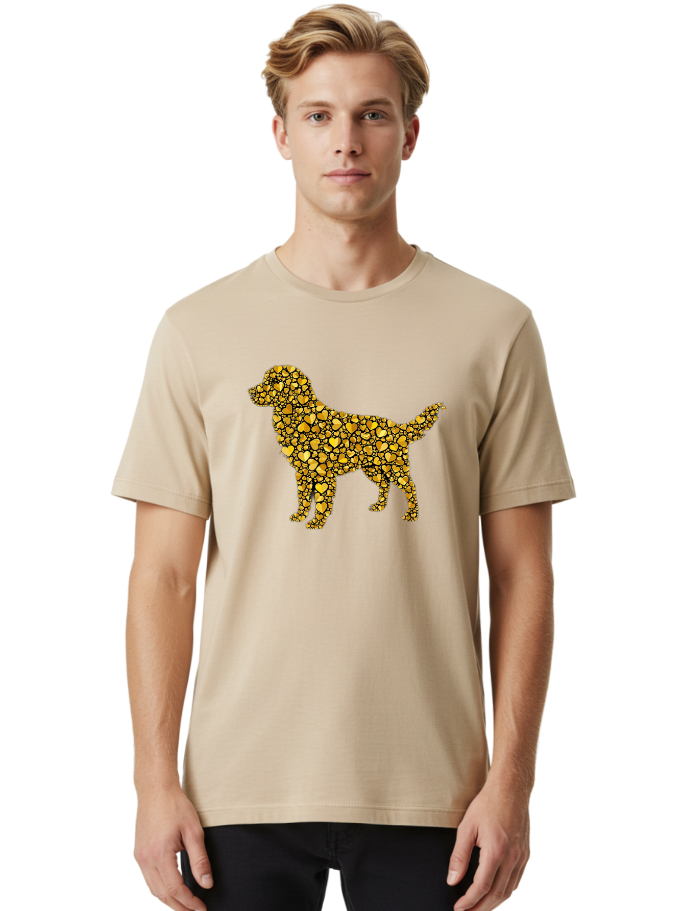 Dog-Golden-Hearts Men'S Graphic Tee, 100% Cotton, Comfortable Casual Summer Wear, Machine Washable, Dog Silhouette, Golden Hearts, Black Outlines, Animal Design, Heart Pattern, Golden Hues, Dog Shape, Heart-Filled Dog Bab860