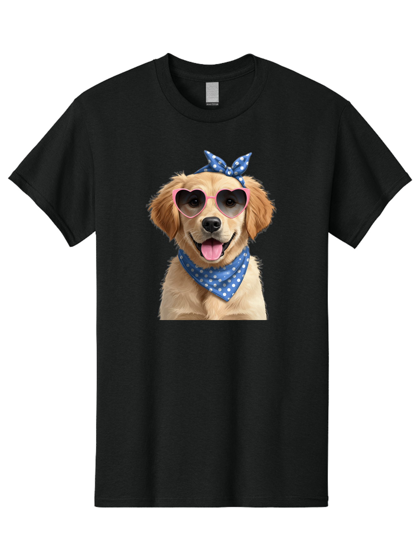 Dog-In-Sunglasses Men'S Graphic Tee, 100% Cotton, Comfortable Casual Summer Wear, Machine Washable, Golden Retriever Dog, Heart-Shaped Sunglasses, Blue Bandana, White Polka Dots, Pink Frames, Happy Dog, Playful Pet, Cute Animal, Funny Dog, Bab861