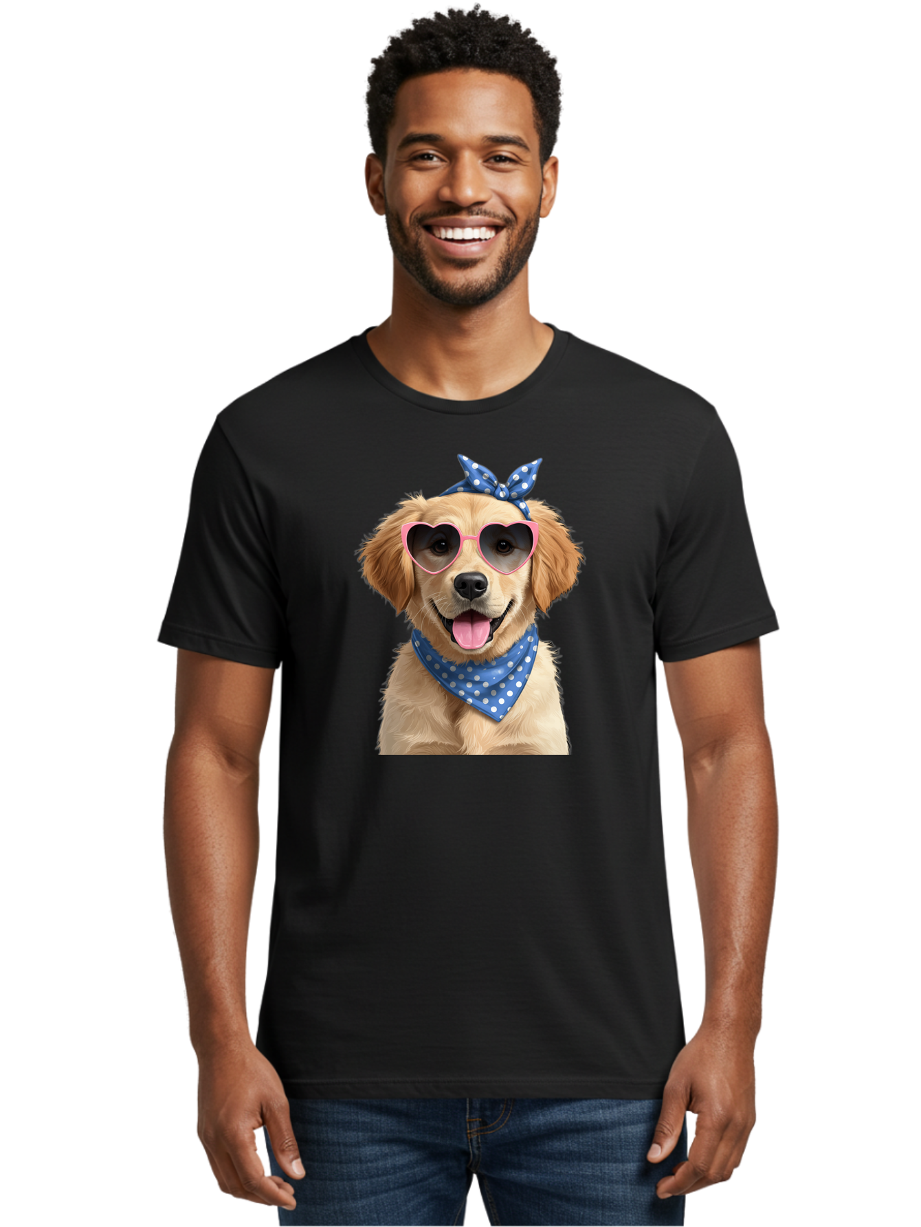 Dog-In-Sunglasses Men'S Graphic Tee, 100% Cotton, Comfortable Casual Summer Wear, Machine Washable, Golden Retriever Dog, Heart-Shaped Sunglasses, Blue Bandana, White Polka Dots, Pink Frames, Happy Dog, Playful Pet, Cute Animal, Funny Dog, Bab861
