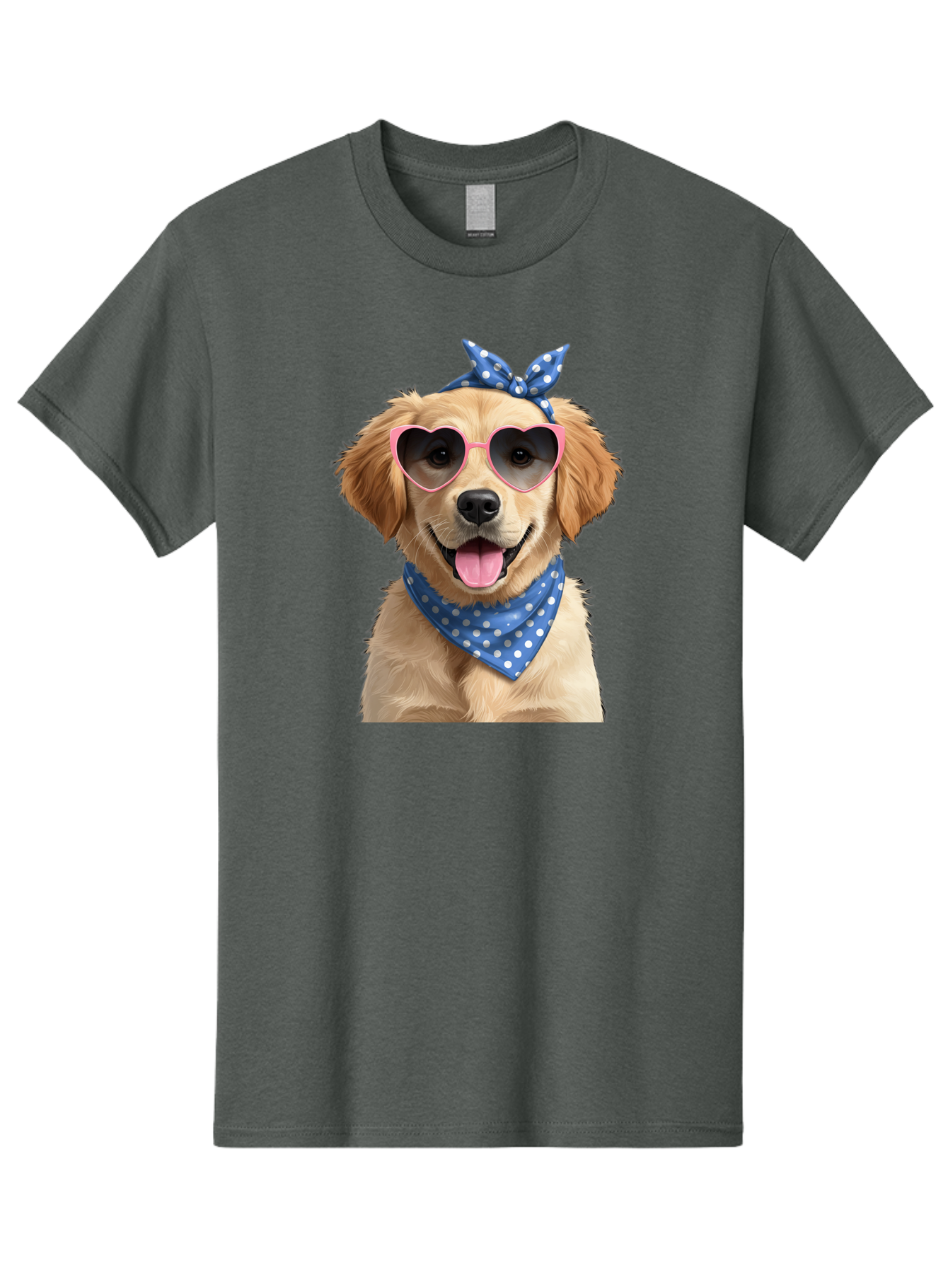 Dog-In-Sunglasses Men'S Graphic Tee, 100% Cotton, Comfortable Casual Summer Wear, Machine Washable, Golden Retriever Dog, Heart-Shaped Sunglasses, Blue Bandana, White Polka Dots, Pink Frames, Happy Dog, Playful Pet, Cute Animal, Funny Dog, Bab861