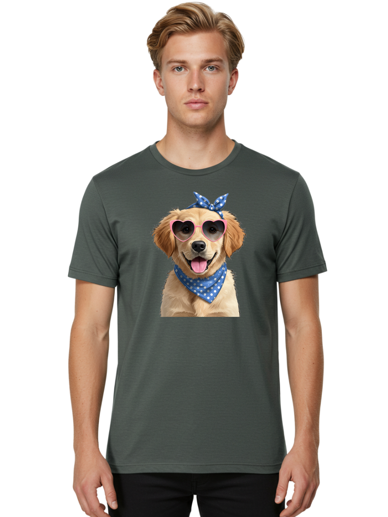 Dog-In-Sunglasses Men'S Graphic Tee, 100% Cotton, Comfortable Casual Summer Wear, Machine Washable, Golden Retriever Dog, Heart-Shaped Sunglasses, Blue Bandana, White Polka Dots, Pink Frames, Happy Dog, Playful Pet, Cute Animal, Funny Dog, Bab861