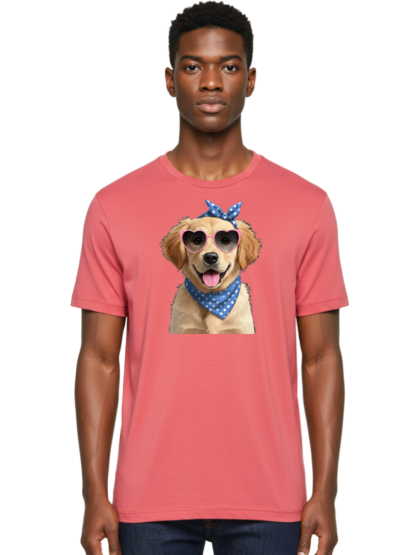 Dog-In-Sunglasses Men'S Graphic Tee, 100% Cotton, Comfortable Casual Summer Wear, Machine Washable, Golden Retriever Dog, Heart-Shaped Sunglasses, Blue Bandana, White Polka Dots, Pink Frames, Happy Dog, Playful Pet, Cute Animal, Funny Dog, Bab861