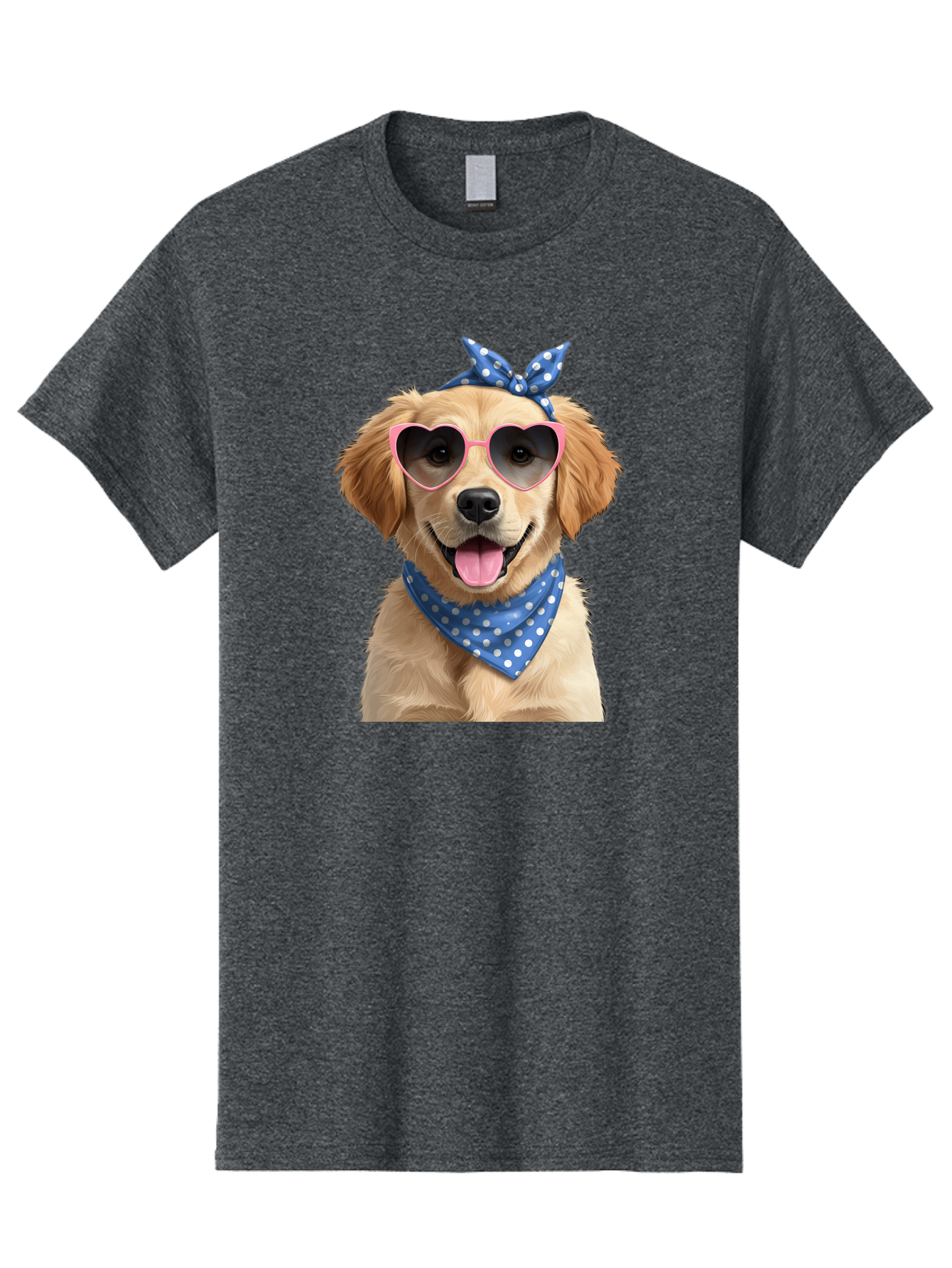 Dog-In-Sunglasses Men'S Graphic Tee, 100% Cotton, Comfortable Casual Summer Wear, Machine Washable, Golden Retriever Dog, Heart-Shaped Sunglasses, Blue Bandana, White Polka Dots, Pink Frames, Happy Dog, Playful Pet, Cute Animal, Funny Dog, Bab861