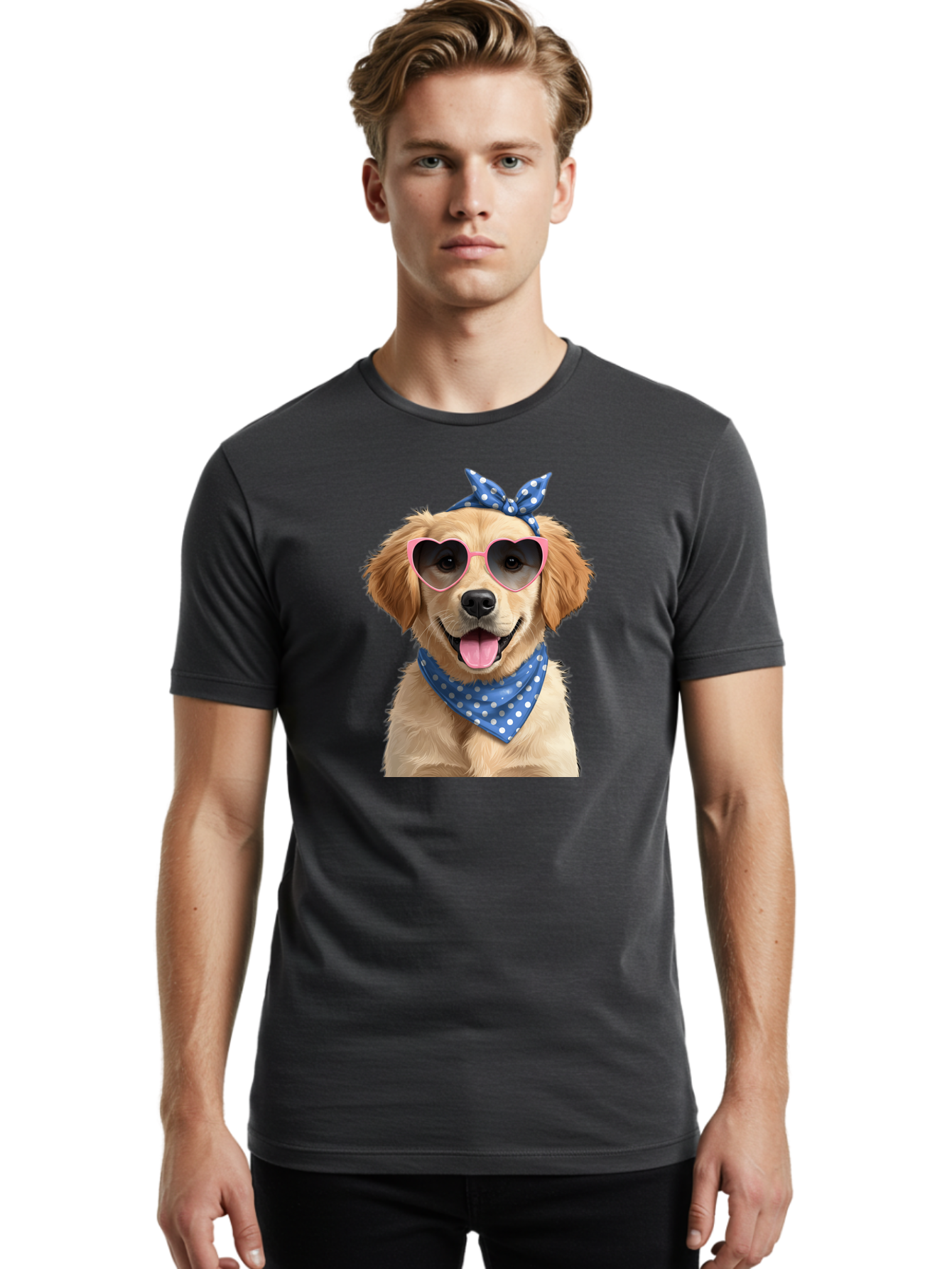 Dog-In-Sunglasses Men'S Graphic Tee, 100% Cotton, Comfortable Casual Summer Wear, Machine Washable, Golden Retriever Dog, Heart-Shaped Sunglasses, Blue Bandana, White Polka Dots, Pink Frames, Happy Dog, Playful Pet, Cute Animal, Funny Dog, Bab861