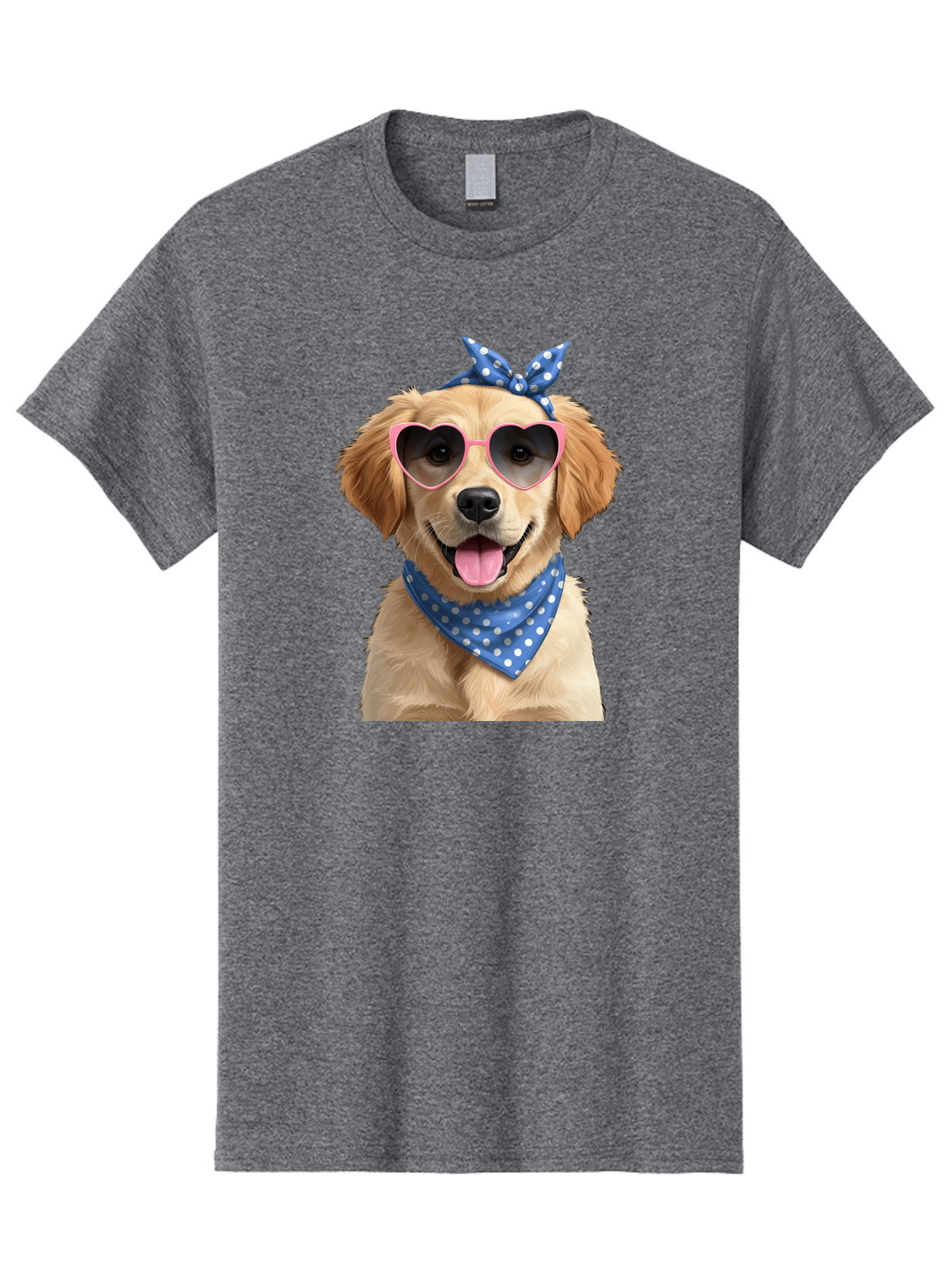 Dog-In-Sunglasses Men'S Graphic Tee, 100% Cotton, Comfortable Casual Summer Wear, Machine Washable, Golden Retriever Dog, Heart-Shaped Sunglasses, Blue Bandana, White Polka Dots, Pink Frames, Happy Dog, Playful Pet, Cute Animal, Funny Dog, Bab861