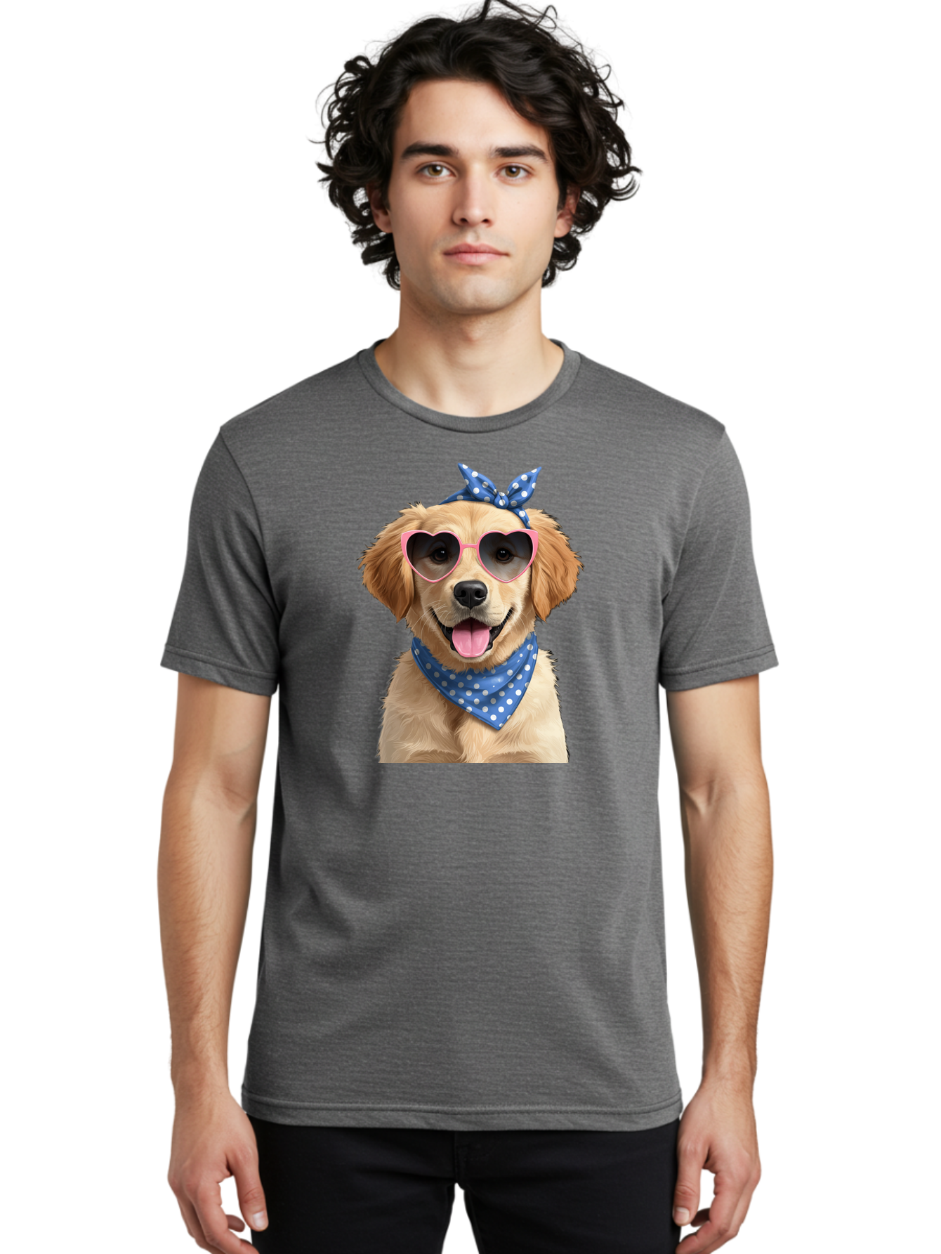 Dog-In-Sunglasses Men'S Graphic Tee, 100% Cotton, Comfortable Casual Summer Wear, Machine Washable, Golden Retriever Dog, Heart-Shaped Sunglasses, Blue Bandana, White Polka Dots, Pink Frames, Happy Dog, Playful Pet, Cute Animal, Funny Dog, Bab861