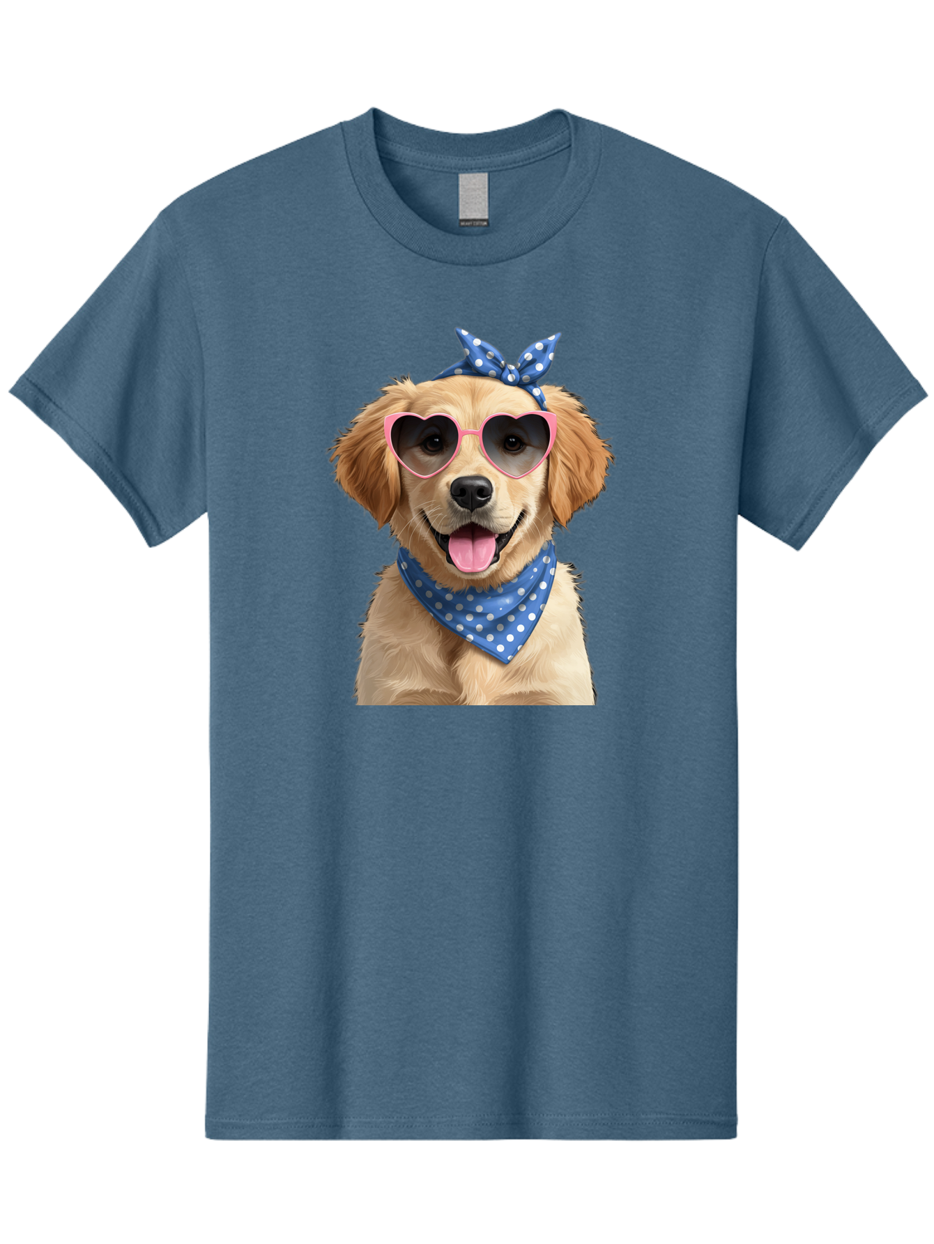 Dog-In-Sunglasses Men'S Graphic Tee, 100% Cotton, Comfortable Casual Summer Wear, Machine Washable, Golden Retriever Dog, Heart-Shaped Sunglasses, Blue Bandana, White Polka Dots, Pink Frames, Happy Dog, Playful Pet, Cute Animal, Funny Dog, Bab861