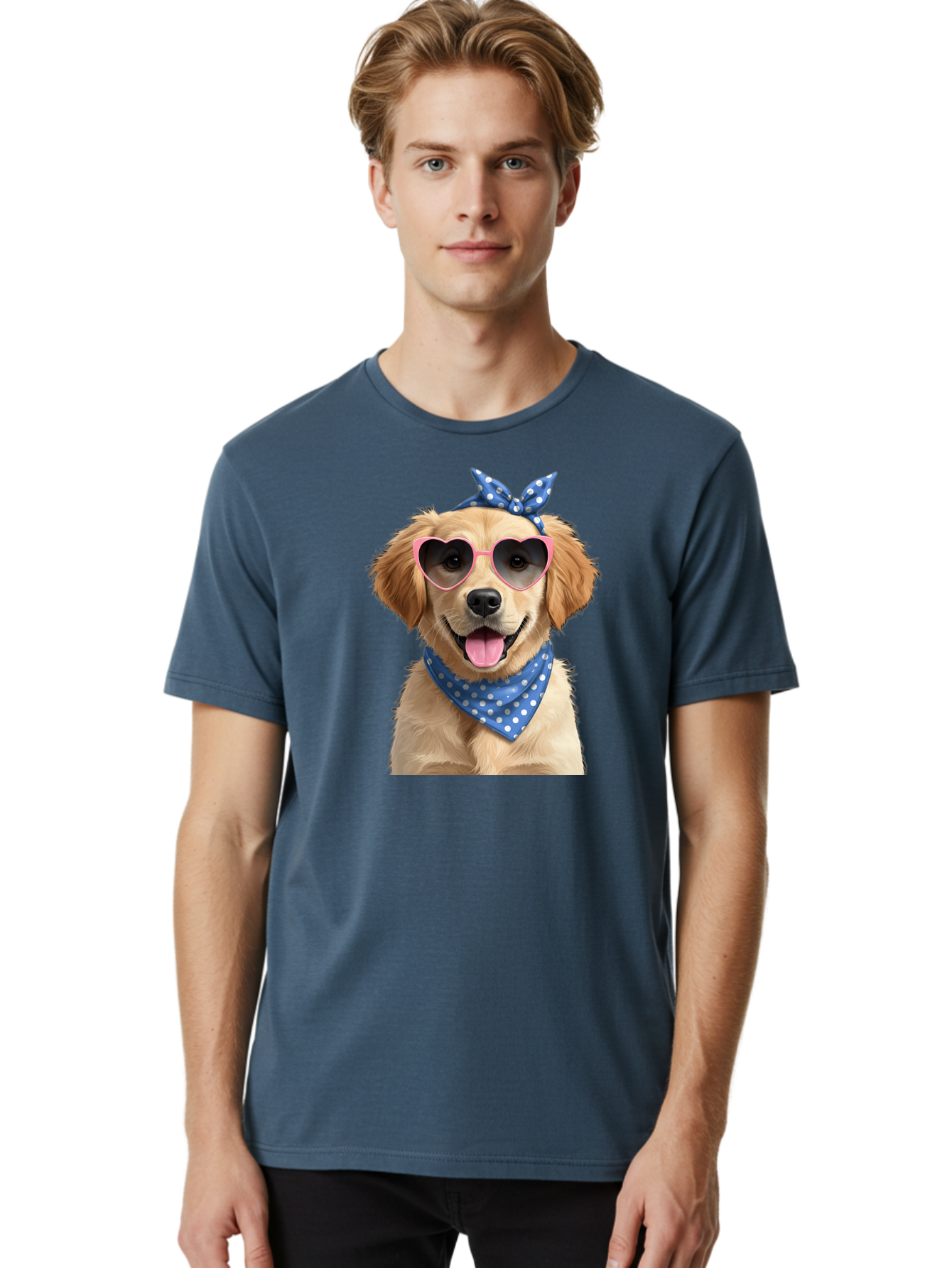 Dog-In-Sunglasses Men'S Graphic Tee, 100% Cotton, Comfortable Casual Summer Wear, Machine Washable, Golden Retriever Dog, Heart-Shaped Sunglasses, Blue Bandana, White Polka Dots, Pink Frames, Happy Dog, Playful Pet, Cute Animal, Funny Dog, Bab861