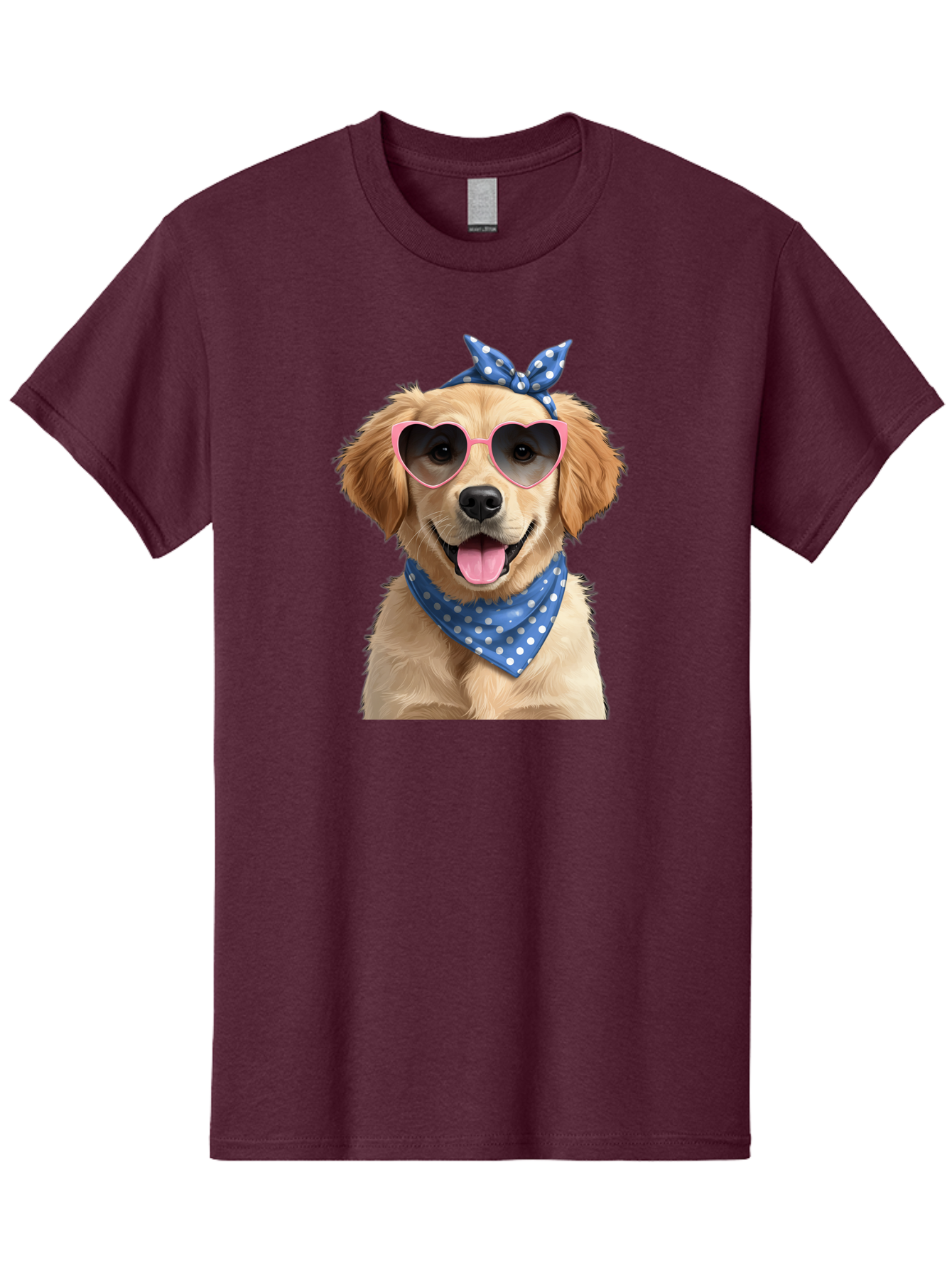 Dog-In-Sunglasses Men'S Graphic Tee, 100% Cotton, Comfortable Casual Summer Wear, Machine Washable, Golden Retriever Dog, Heart-Shaped Sunglasses, Blue Bandana, White Polka Dots, Pink Frames, Happy Dog, Playful Pet, Cute Animal, Funny Dog, Bab861