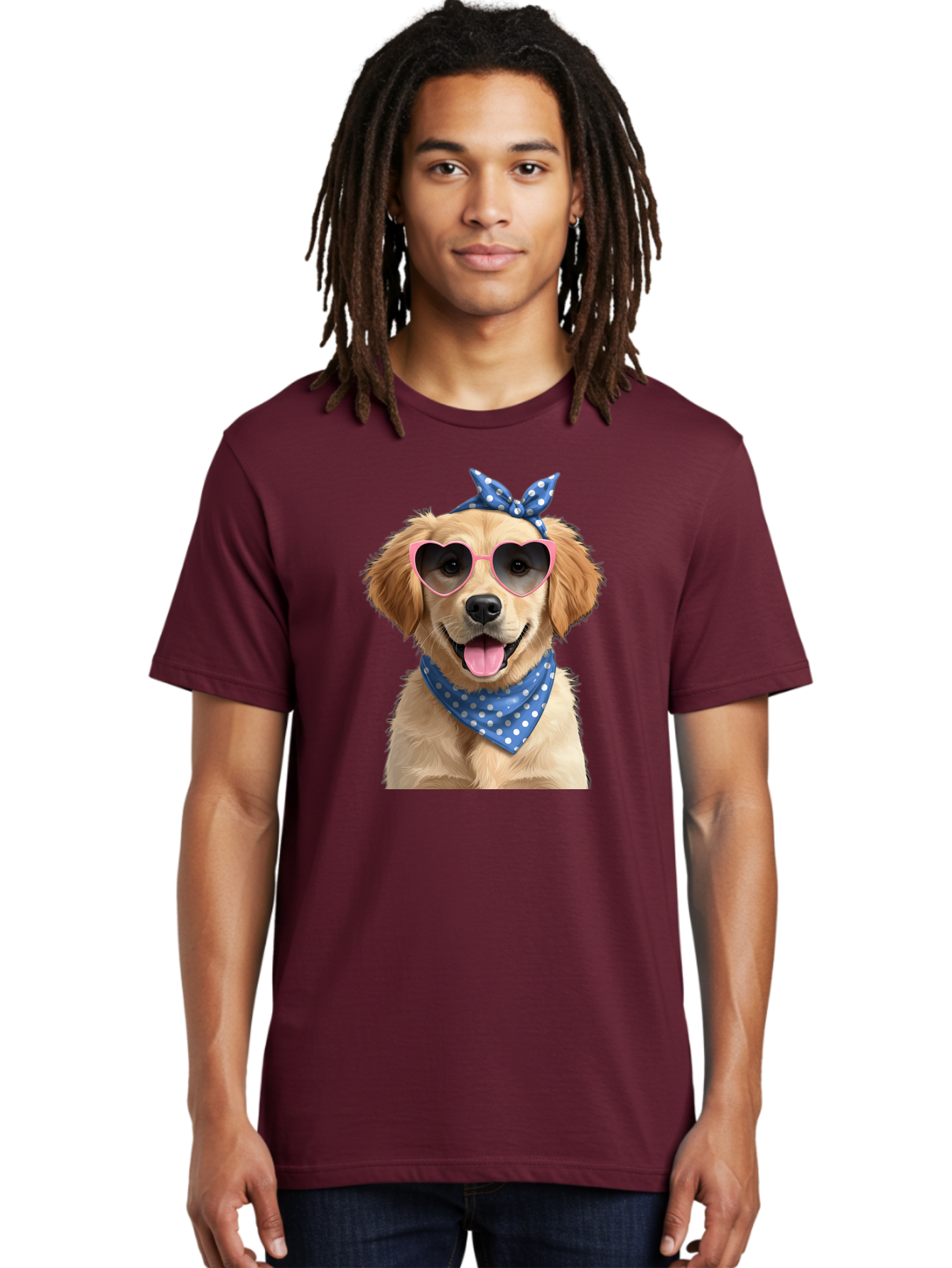 Dog-In-Sunglasses Men'S Graphic Tee, 100% Cotton, Comfortable Casual Summer Wear, Machine Washable, Golden Retriever Dog, Heart-Shaped Sunglasses, Blue Bandana, White Polka Dots, Pink Frames, Happy Dog, Playful Pet, Cute Animal, Funny Dog, Bab861