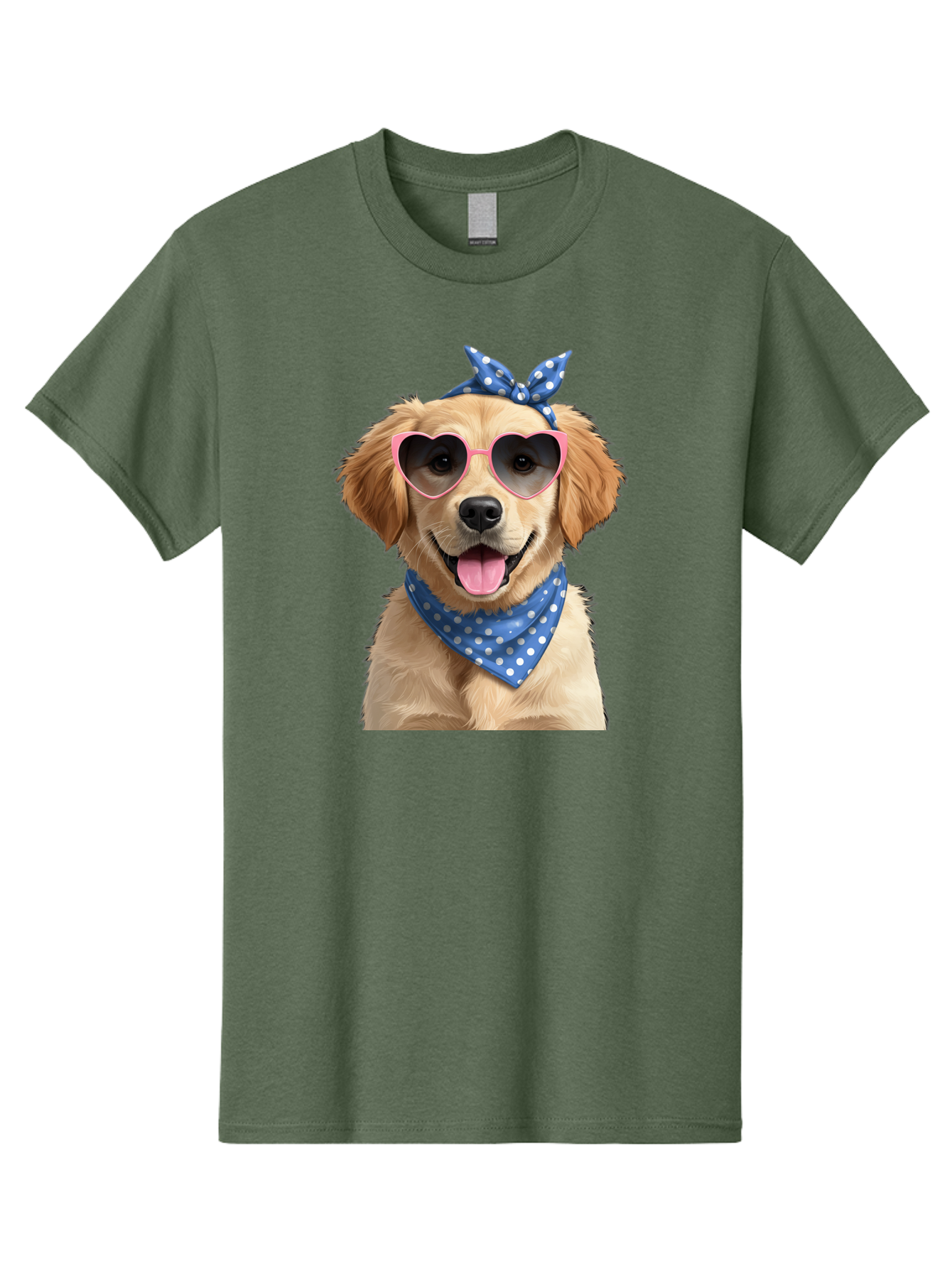 Dog-In-Sunglasses Men'S Graphic Tee, 100% Cotton, Comfortable Casual Summer Wear, Machine Washable, Golden Retriever Dog, Heart-Shaped Sunglasses, Blue Bandana, White Polka Dots, Pink Frames, Happy Dog, Playful Pet, Cute Animal, Funny Dog, Bab861