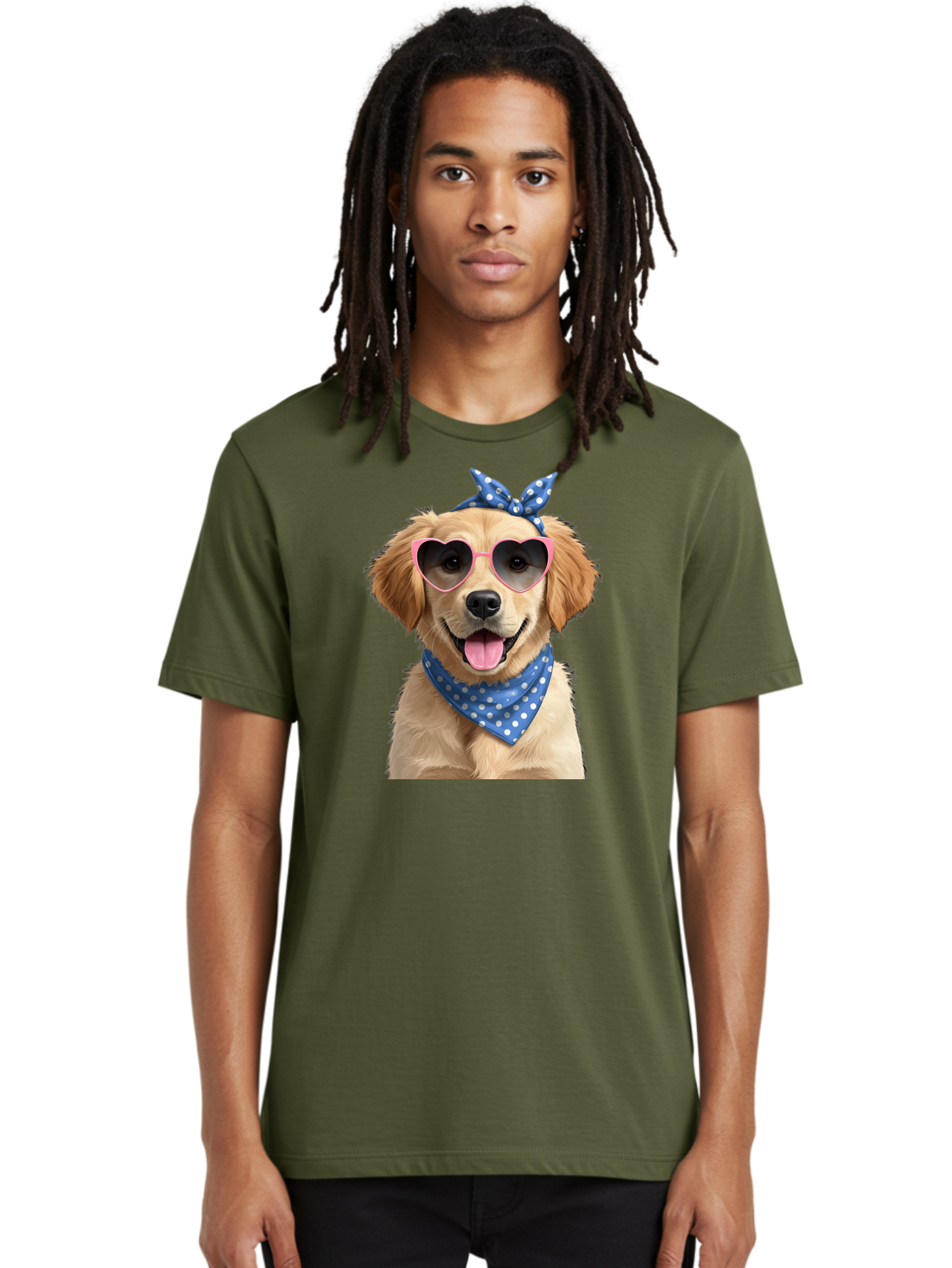 Dog-In-Sunglasses Men'S Graphic Tee, 100% Cotton, Comfortable Casual Summer Wear, Machine Washable, Golden Retriever Dog, Heart-Shaped Sunglasses, Blue Bandana, White Polka Dots, Pink Frames, Happy Dog, Playful Pet, Cute Animal, Funny Dog, Bab861