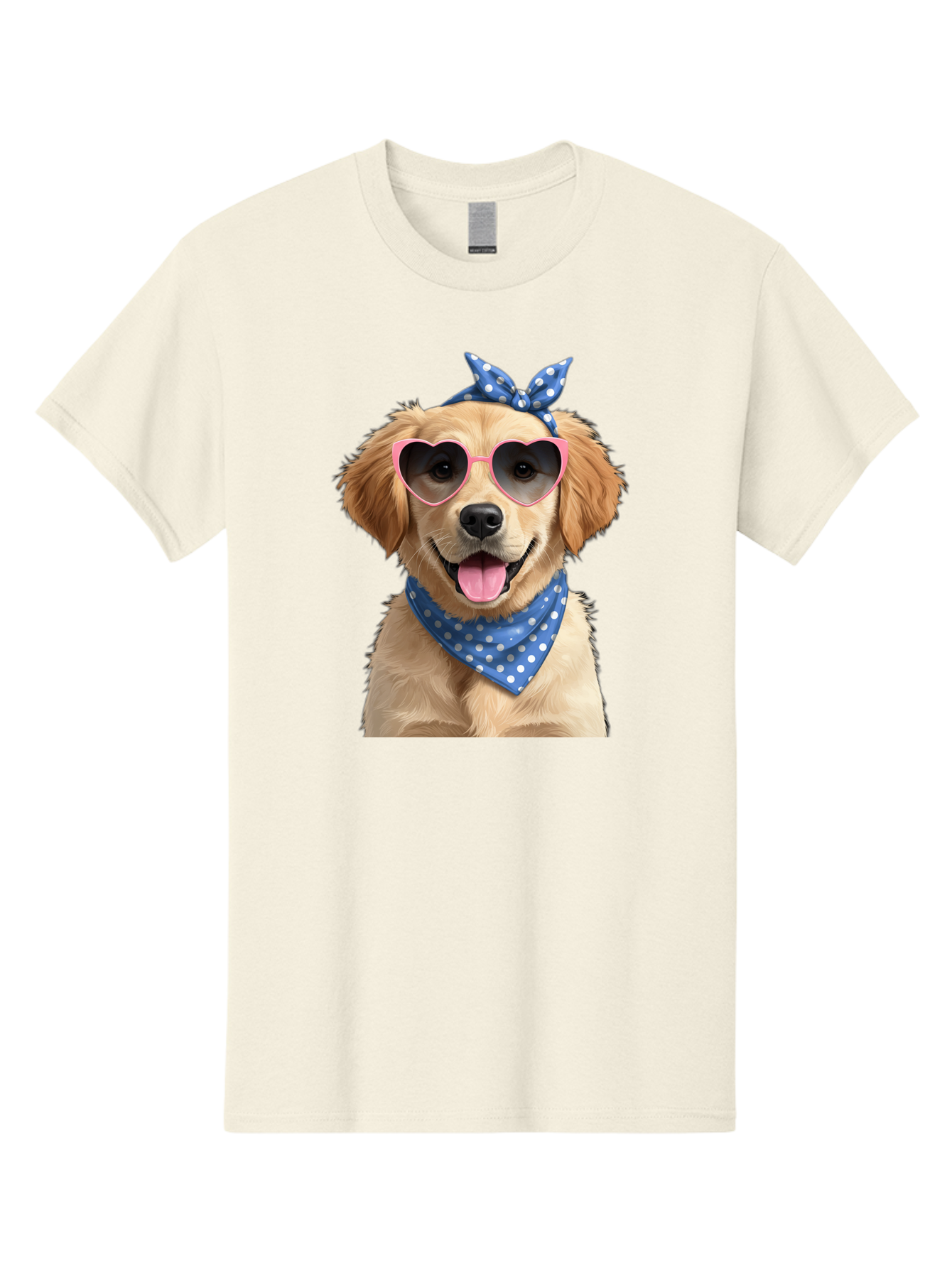 Dog-In-Sunglasses Men'S Graphic Tee, 100% Cotton, Comfortable Casual Summer Wear, Machine Washable, Golden Retriever Dog, Heart-Shaped Sunglasses, Blue Bandana, White Polka Dots, Pink Frames, Happy Dog, Playful Pet, Cute Animal, Funny Dog, Bab861