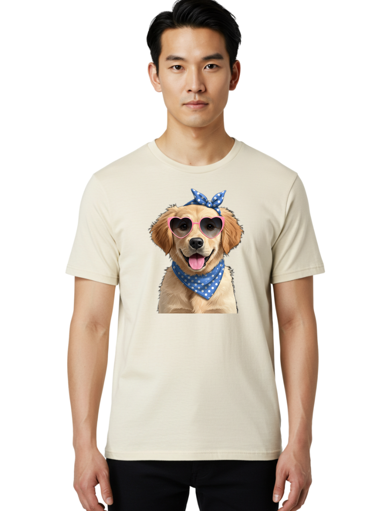 Dog-In-Sunglasses Men'S Graphic Tee, 100% Cotton, Comfortable Casual Summer Wear, Machine Washable, Golden Retriever Dog, Heart-Shaped Sunglasses, Blue Bandana, White Polka Dots, Pink Frames, Happy Dog, Playful Pet, Cute Animal, Funny Dog, Bab861