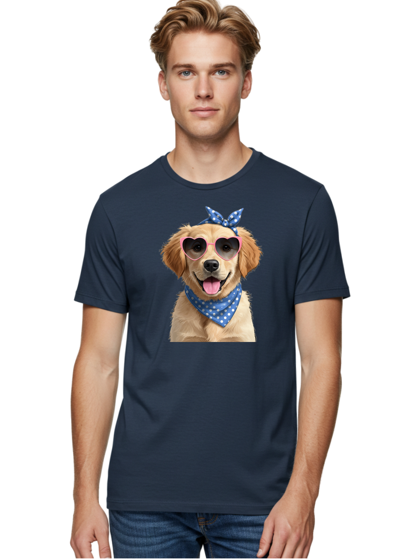 Dog-In-Sunglasses Men'S Graphic Tee, 100% Cotton, Comfortable Casual Summer Wear, Machine Washable, Golden Retriever Dog, Heart-Shaped Sunglasses, Blue Bandana, White Polka Dots, Pink Frames, Happy Dog, Playful Pet, Cute Animal, Funny Dog, Bab861