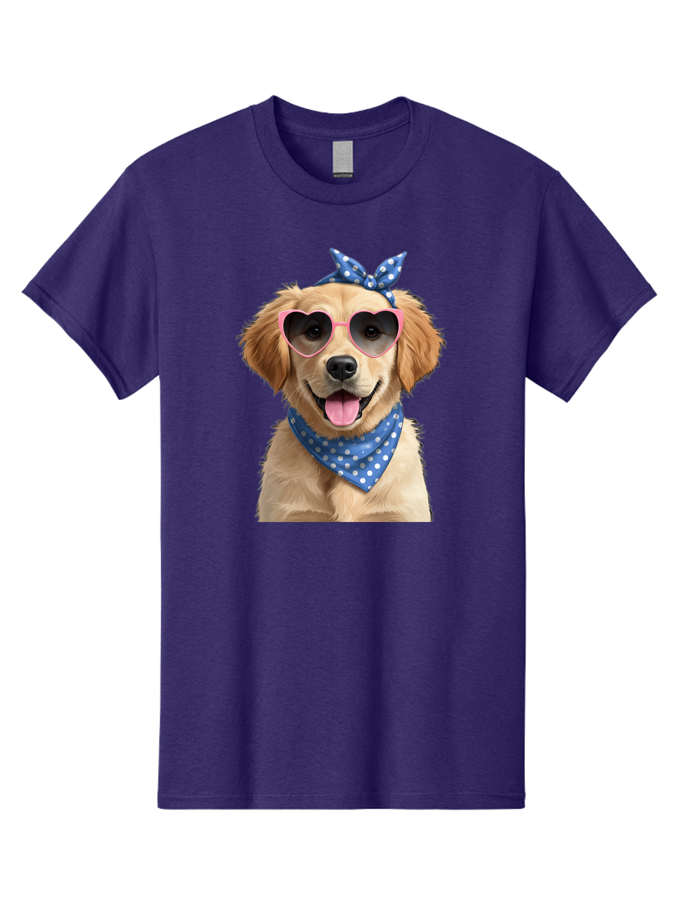Dog-In-Sunglasses Men'S Graphic Tee, 100% Cotton, Comfortable Casual Summer Wear, Machine Washable, Golden Retriever Dog, Heart-Shaped Sunglasses, Blue Bandana, White Polka Dots, Pink Frames, Happy Dog, Playful Pet, Cute Animal, Funny Dog, Bab861