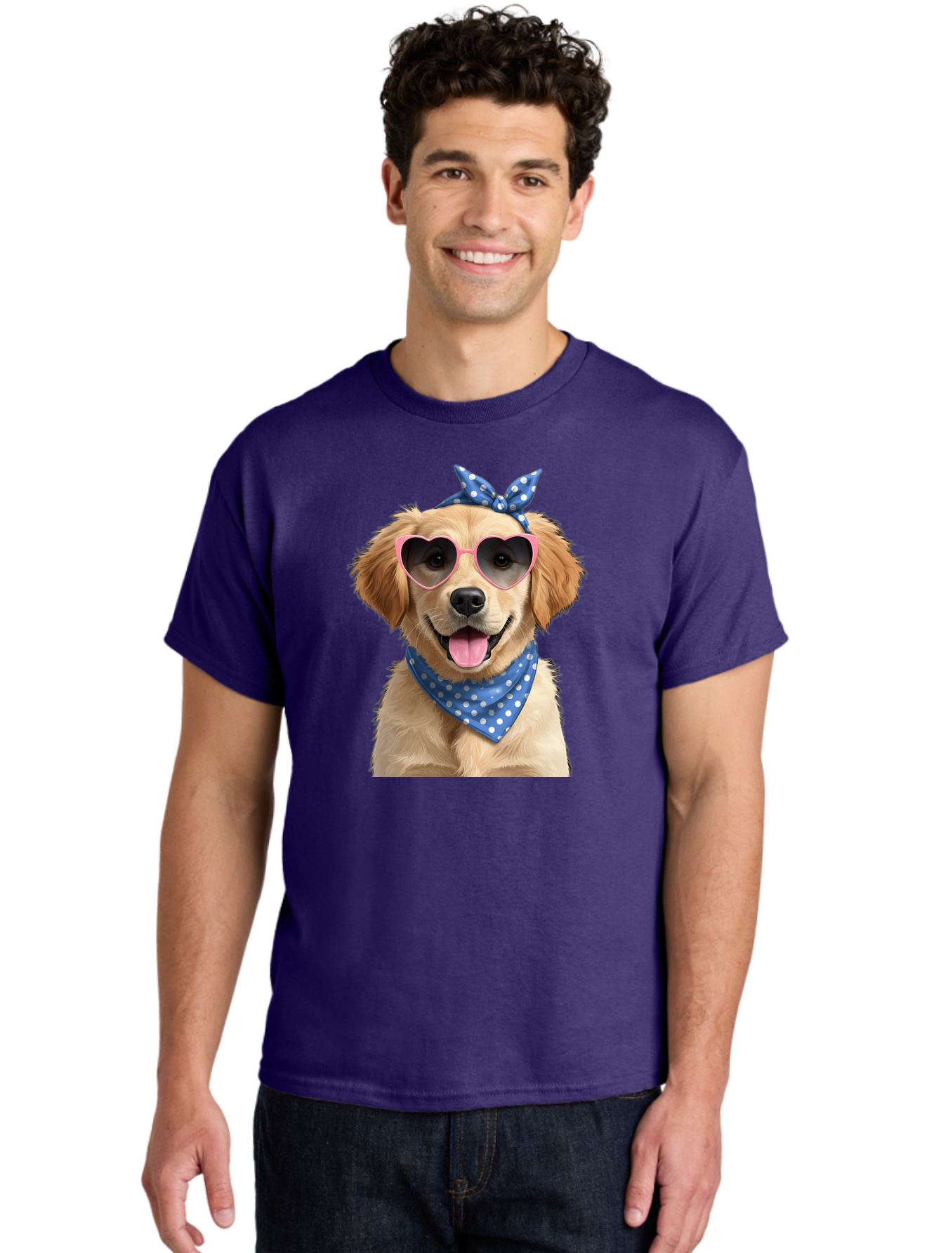 Dog-In-Sunglasses Men'S Graphic Tee, 100% Cotton, Comfortable Casual Summer Wear, Machine Washable, Golden Retriever Dog, Heart-Shaped Sunglasses, Blue Bandana, White Polka Dots, Pink Frames, Happy Dog, Playful Pet, Cute Animal, Funny Dog, Bab861