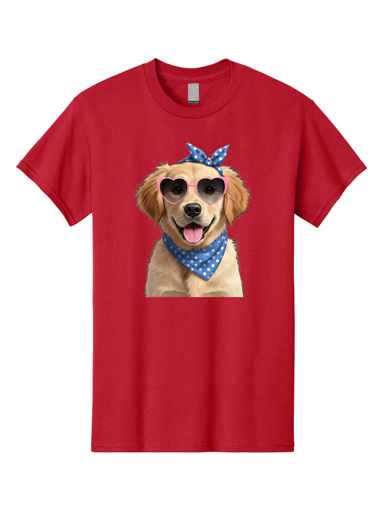 Dog-In-Sunglasses Men'S Graphic Tee, 100% Cotton, Comfortable Casual Summer Wear, Machine Washable, Golden Retriever Dog, Heart-Shaped Sunglasses, Blue Bandana, White Polka Dots, Pink Frames, Happy Dog, Playful Pet, Cute Animal, Funny Dog, Bab861