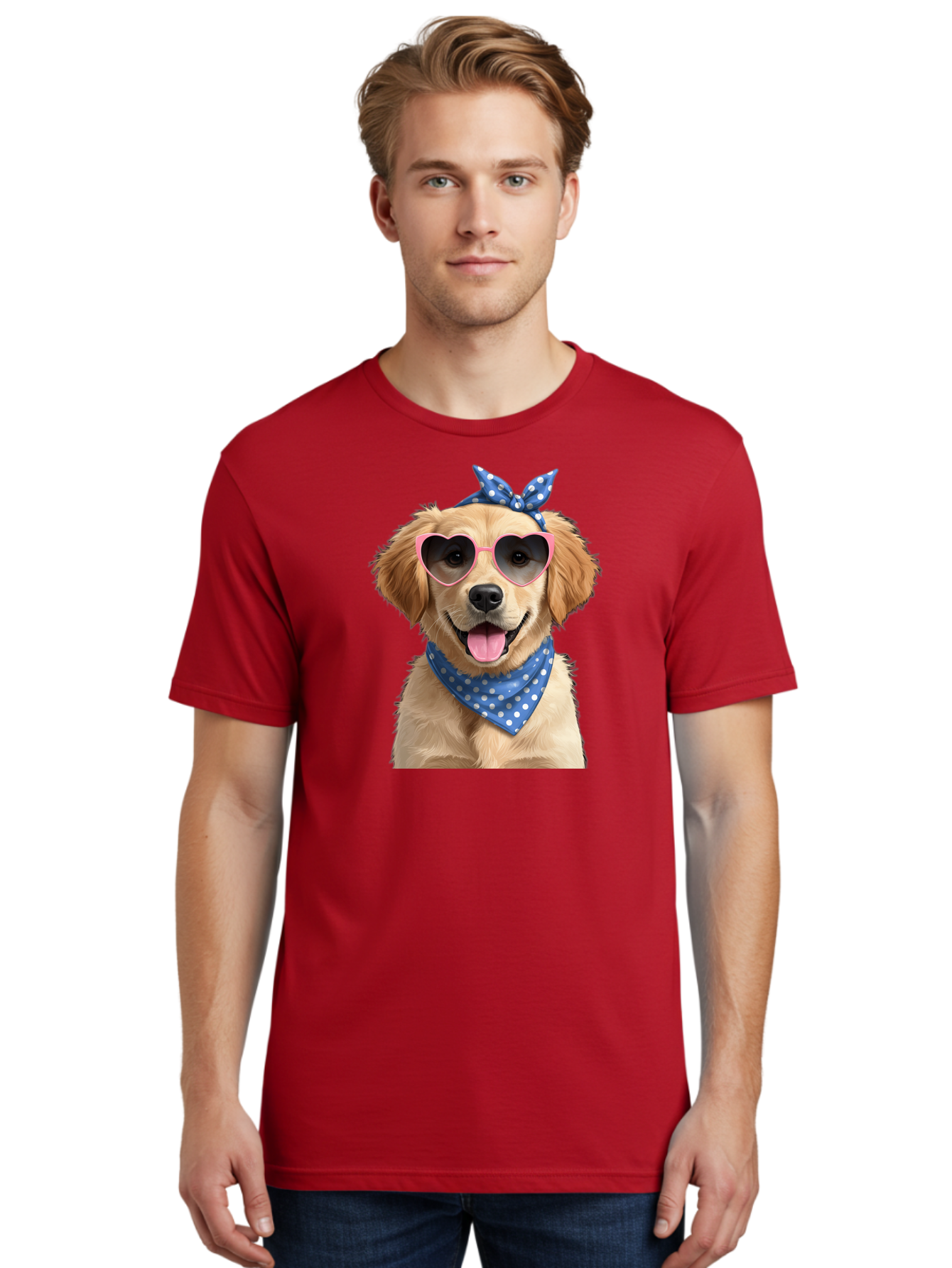 Dog-In-Sunglasses Men'S Graphic Tee, 100% Cotton, Comfortable Casual Summer Wear, Machine Washable, Golden Retriever Dog, Heart-Shaped Sunglasses, Blue Bandana, White Polka Dots, Pink Frames, Happy Dog, Playful Pet, Cute Animal, Funny Dog, Bab861