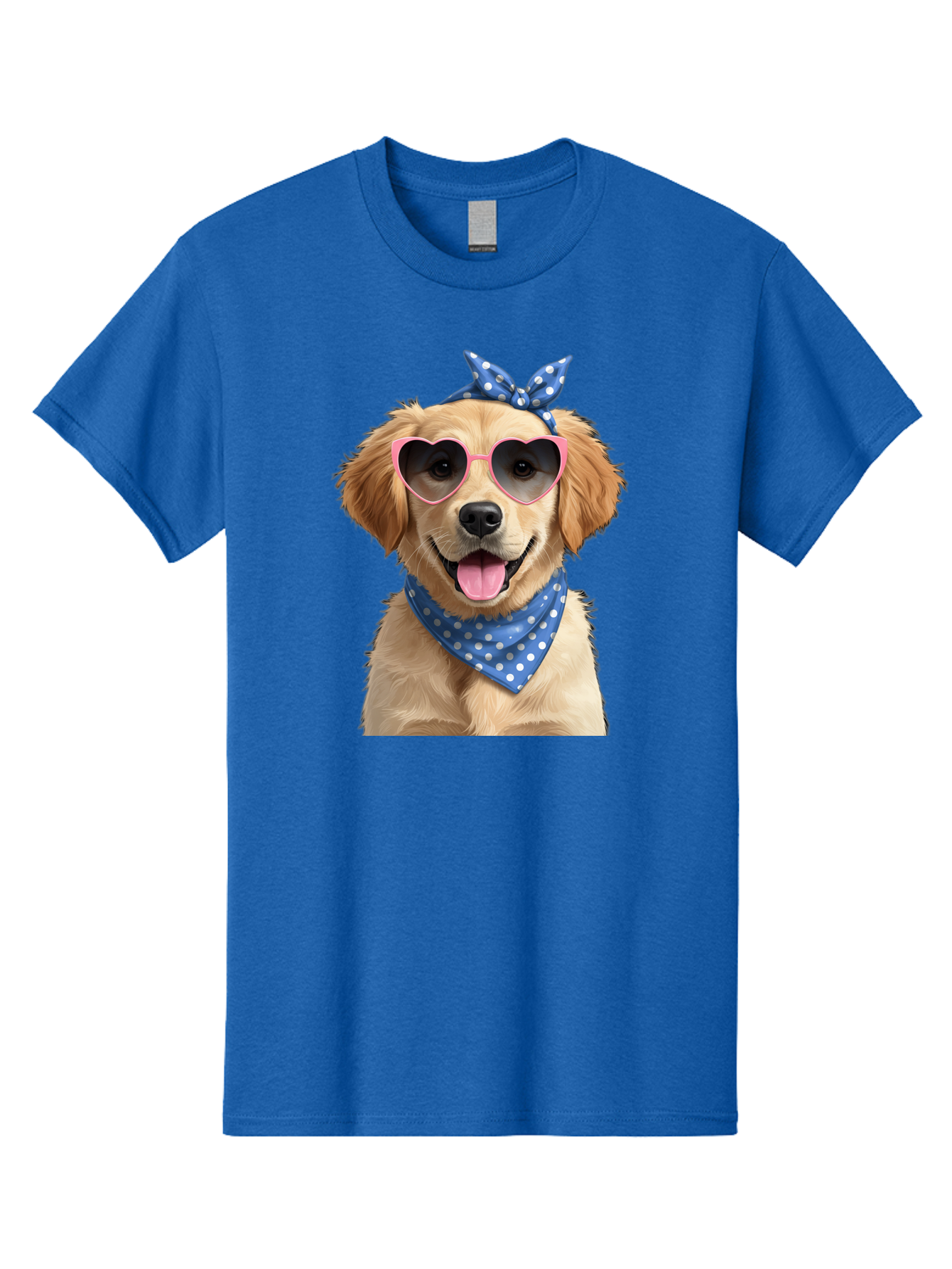 Dog-In-Sunglasses Men'S Graphic Tee, 100% Cotton, Comfortable Casual Summer Wear, Machine Washable, Golden Retriever Dog, Heart-Shaped Sunglasses, Blue Bandana, White Polka Dots, Pink Frames, Happy Dog, Playful Pet, Cute Animal, Funny Dog, Bab861