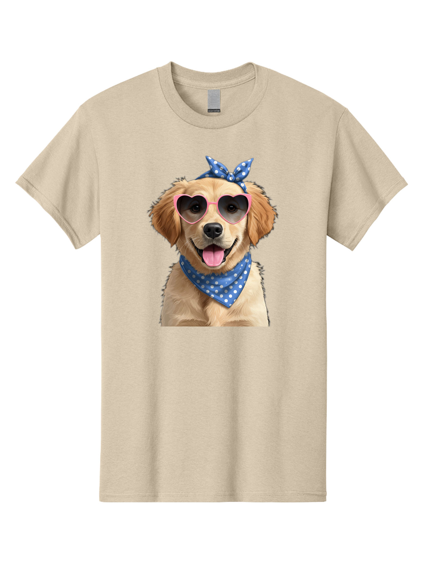 Dog-In-Sunglasses Men'S Graphic Tee, 100% Cotton, Comfortable Casual Summer Wear, Machine Washable, Golden Retriever Dog, Heart-Shaped Sunglasses, Blue Bandana, White Polka Dots, Pink Frames, Happy Dog, Playful Pet, Cute Animal, Funny Dog, Bab861