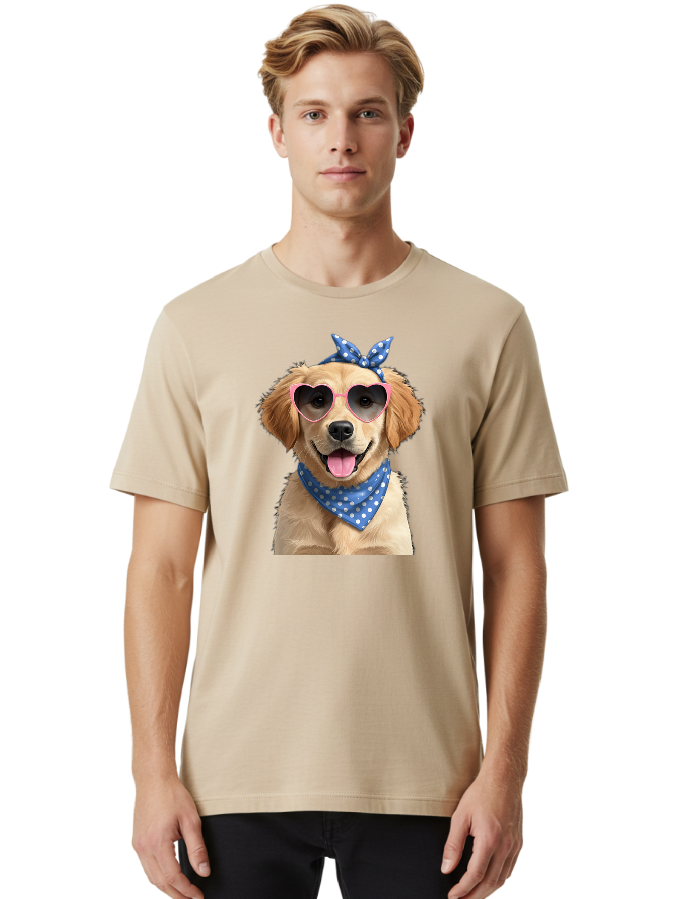 Dog-In-Sunglasses Men'S Graphic Tee, 100% Cotton, Comfortable Casual Summer Wear, Machine Washable, Golden Retriever Dog, Heart-Shaped Sunglasses, Blue Bandana, White Polka Dots, Pink Frames, Happy Dog, Playful Pet, Cute Animal, Funny Dog, Bab861