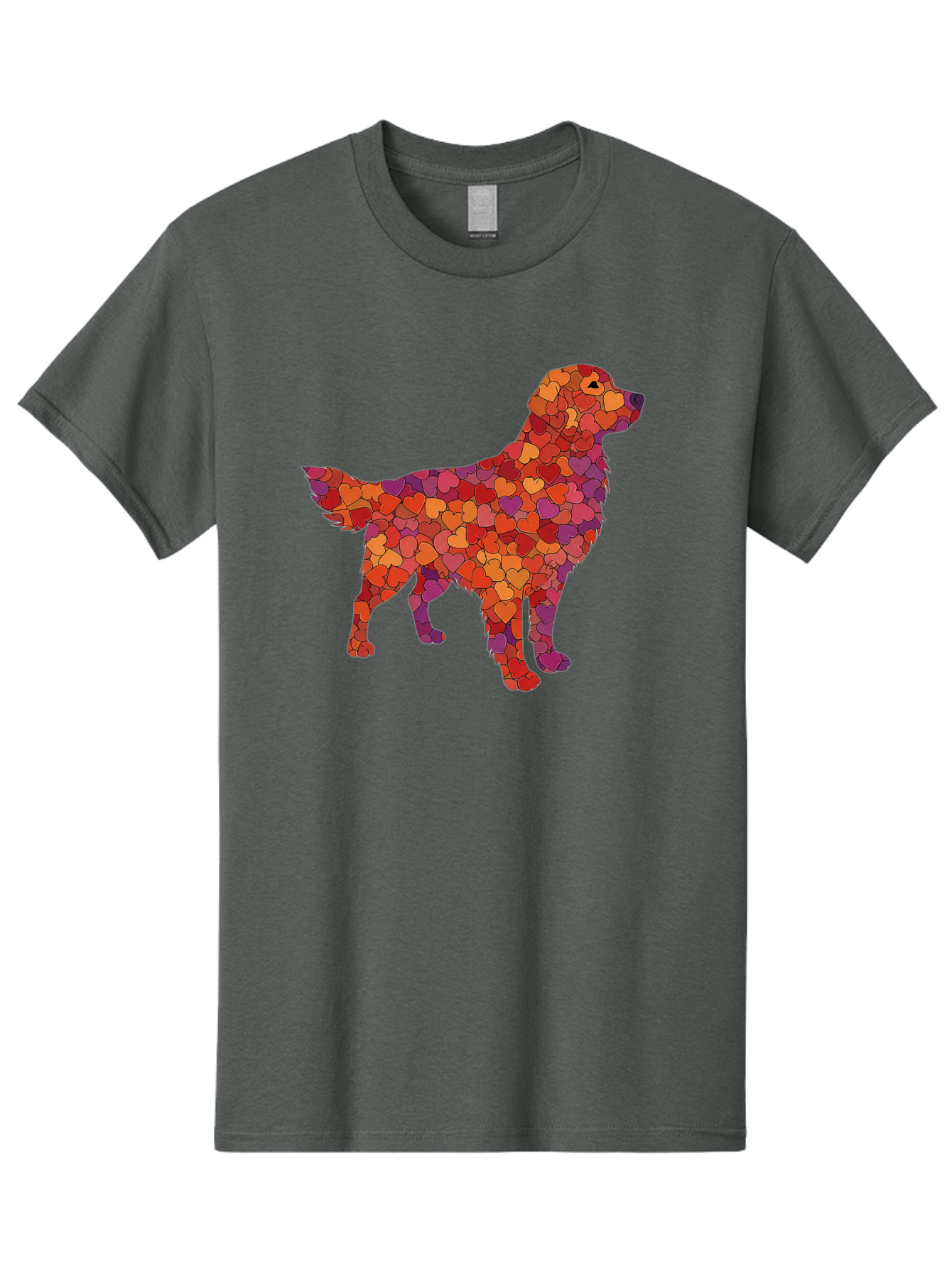 Dog-Mosaic Men'S Graphic Tee, 100% Cotton, Comfortable Casual Summer Wear, Machine Washable, Colorful Dog Silhouette, Heart-Shaped Mosaic, Orange, Red, Purple Hues, Abstract Dog Art, Vibrant Dog Design, Mosaic Art, Heart Pattern, Bab862
