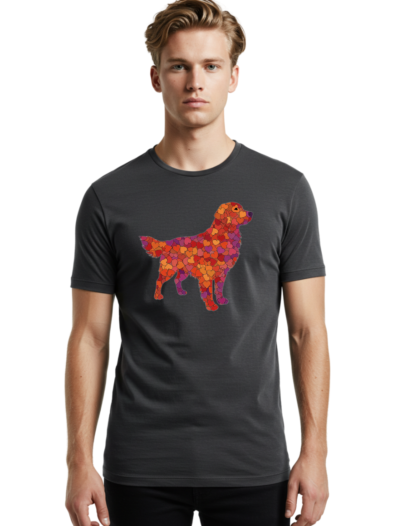 Dog-Mosaic Men'S Graphic Tee, 100% Cotton, Comfortable Casual Summer Wear, Machine Washable, Colorful Dog Silhouette, Heart-Shaped Mosaic, Orange, Red, Purple Hues, Abstract Dog Art, Vibrant Dog Design, Mosaic Art, Heart Pattern, Bab862