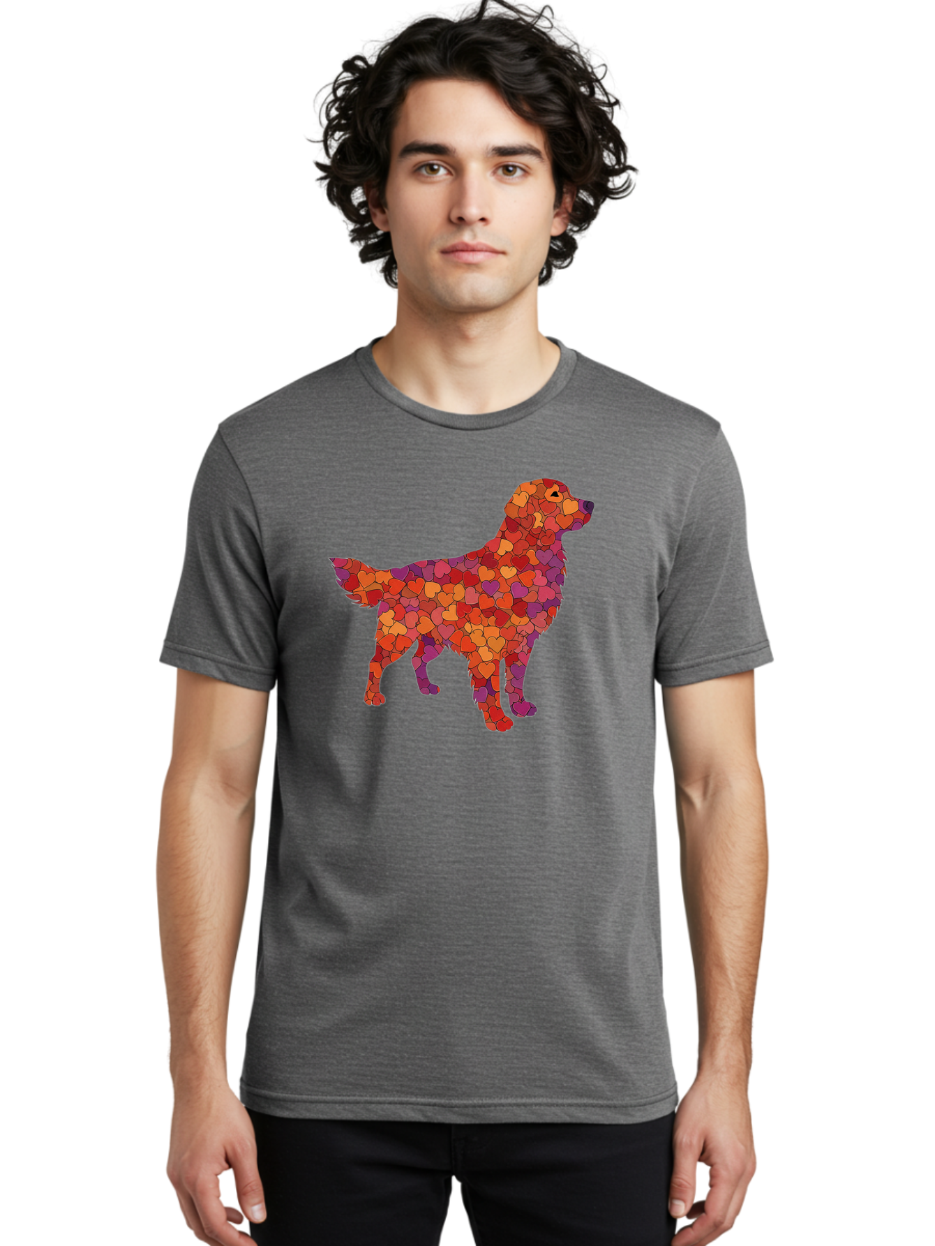 Dog-Mosaic Men'S Graphic Tee, 100% Cotton, Comfortable Casual Summer Wear, Machine Washable, Colorful Dog Silhouette, Heart-Shaped Mosaic, Orange, Red, Purple Hues, Abstract Dog Art, Vibrant Dog Design, Mosaic Art, Heart Pattern, Bab862